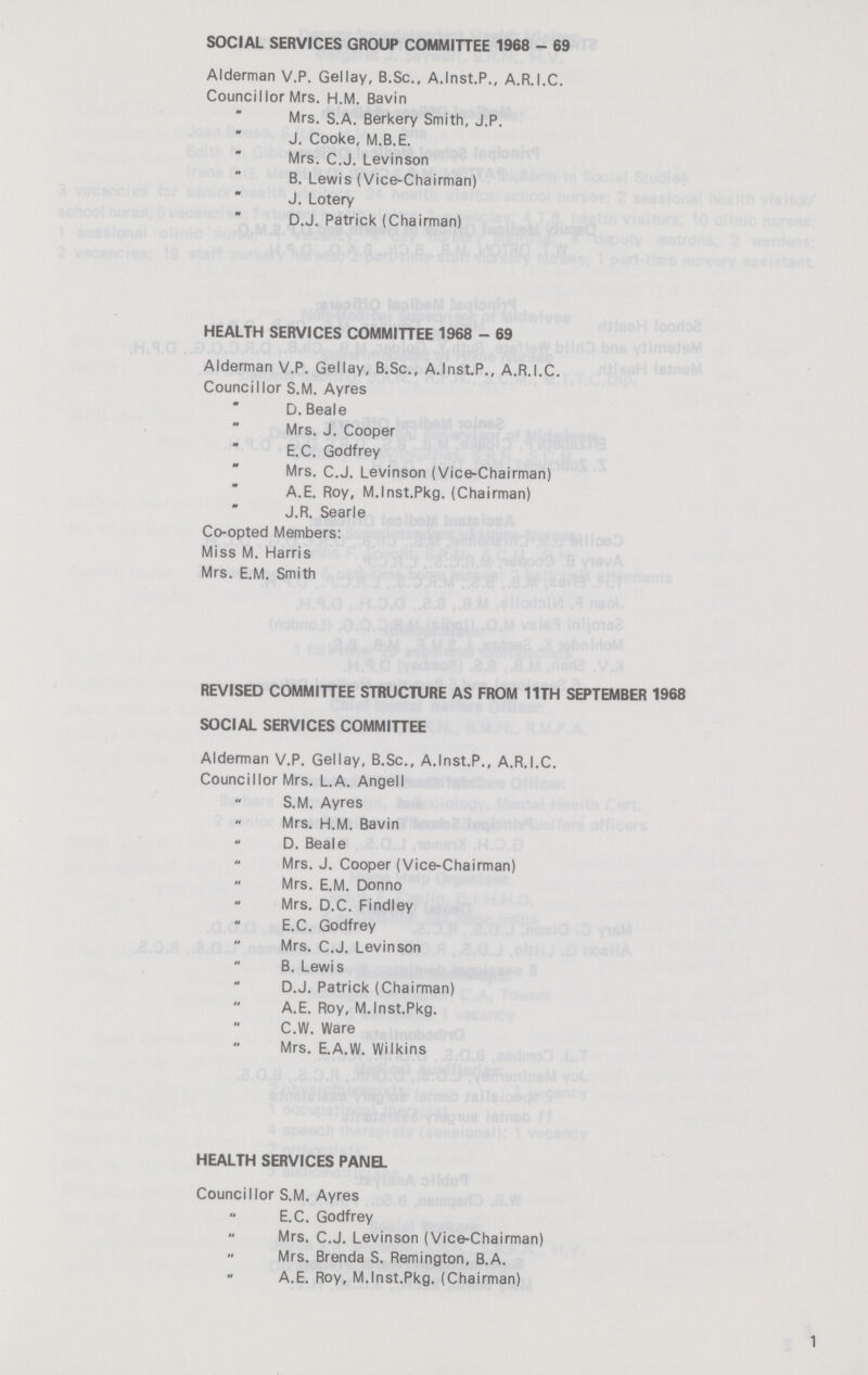 SOCIAL SERVICES GROUP COMMITTEE 1968 - 69 Alderman V.P. Gellay, B.Sc., A.lnst.P., A.R.I.C. Councillor Mrs. H.M. Bavin Mrs. S.A. Berkery Smith, J.P. J. Cooke, M.B.E. Mrs. C.J. Levinson B. Lewis (Vice-Chairman) J. Lotery D.J. Patrick (Chairman) HEALTH SERVICES COMMITTEE 1968 - 69 Alderman V.P. Gellay, B.Sc., A.lnst.P., A.R.I.C. Councillor S.M. Ayres D.Beale Mrs. J. Cooper E.C. Godfrey Mrs. C.J. Levinson (Vice-Chairman) A.E. Roy, M.lnst.Pkg. (Chairman) J.R. Searle Co-opted Members: Miss M. Harris Mrs. E.M. Smith REVISED COMMITTEE STRUCTURE AS FROM 11TH SEPTEMBER 1968 SOCIAL SERVICES COMMITTEE Alderman V.P. Gellay, B.Sc., A.lnst.P., A.R.I.C. Councillor Mrs. L.A. Angell S.M. Ayres Mrs. H.M. Bavin D. Beale Mrs. J. Cooper (Vice-Chairman) Mrs. E.M. Donno Mrs. D.C. Findley E.C. Godfrey Mrs. C.J. Levinson B. Lewis D.J. Patrick (Chairman) A.E. Roy, M.lnst.Pkg. C.W. Ware Mrs. E.A.W. Wi I kins HEALTH SERVICES PAN a Councillor S.M. Ayres E.C. Godfrey Mrs. C.J. Levinson (Vice-Chairman) Mrs. Brenda S. Remington, B.A. A.E. Roy, M.lnst.Pkg. (Chairman) 1