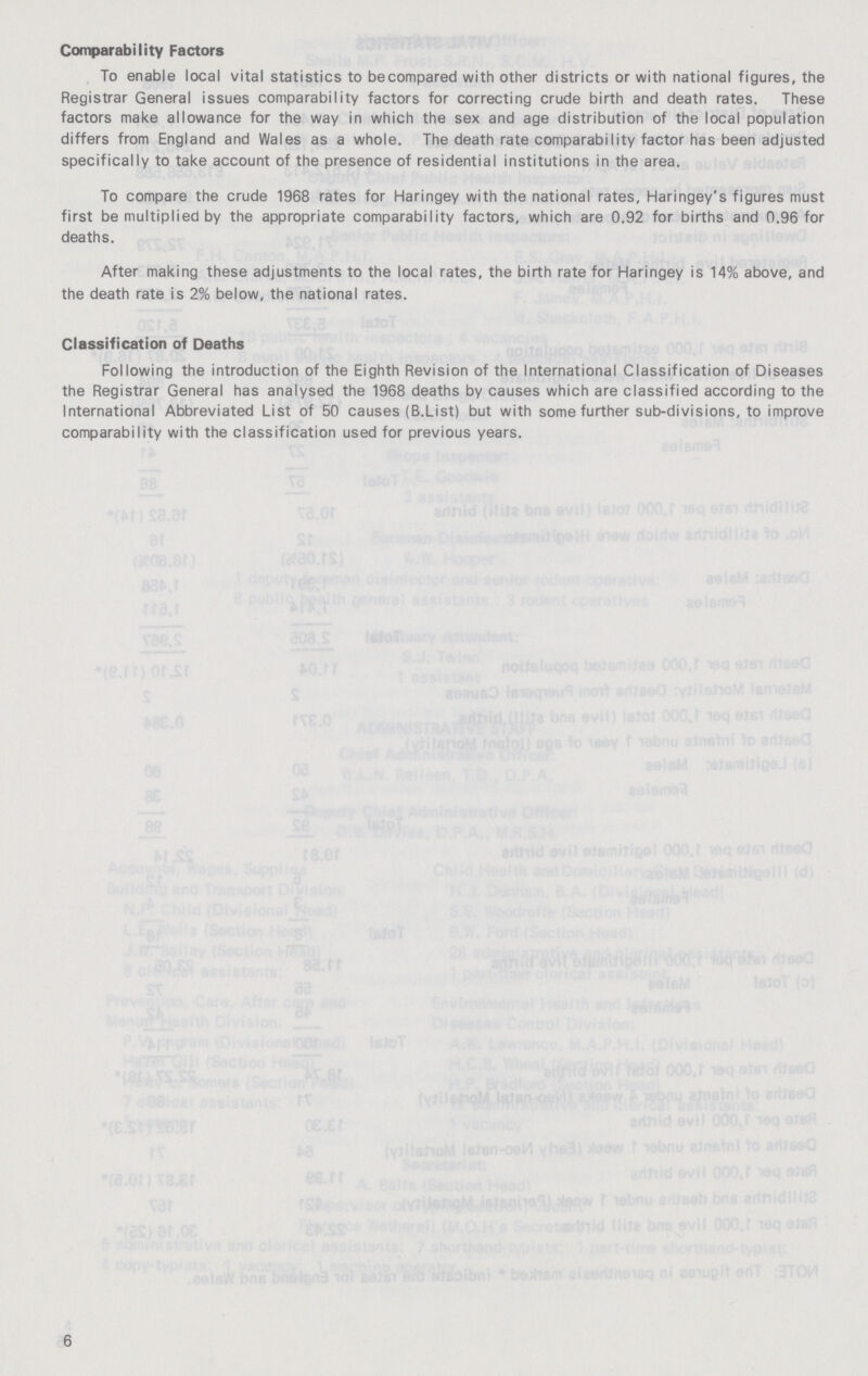 Comparability Factors To enable local vital statistics to be compared with other districts or with national figures, the Registrar General issues comparability factors for correcting crude birth and death rates. These factors make allowance for the way in which the sex and age distribution of the local population differs from England and Wales as a whole. The death rate comparability factor has been adjusted specifically to take account of the presence of residential institutions in the area. To compare the crude 1968 rates for Haringey with the national rates, Haringey's figures must first be multiplied by the appropriate comparability factors, which are 0.92 for births and 0.96 for deaths. After making these adjustments to the local rates, the birth rate for Haringey is 14% above, and the death rate is 2% below, the national rates. Classification of Deaths Following the introduction of the Eighth Revision of the International Classification of Diseases the Registrar General has analysed the 1968 deaths by causes which are classified according to the International Abbreviated List of 50 causes (B.List) but with some further sub-divisions, to improve comparability with the classification used for previous years. 6