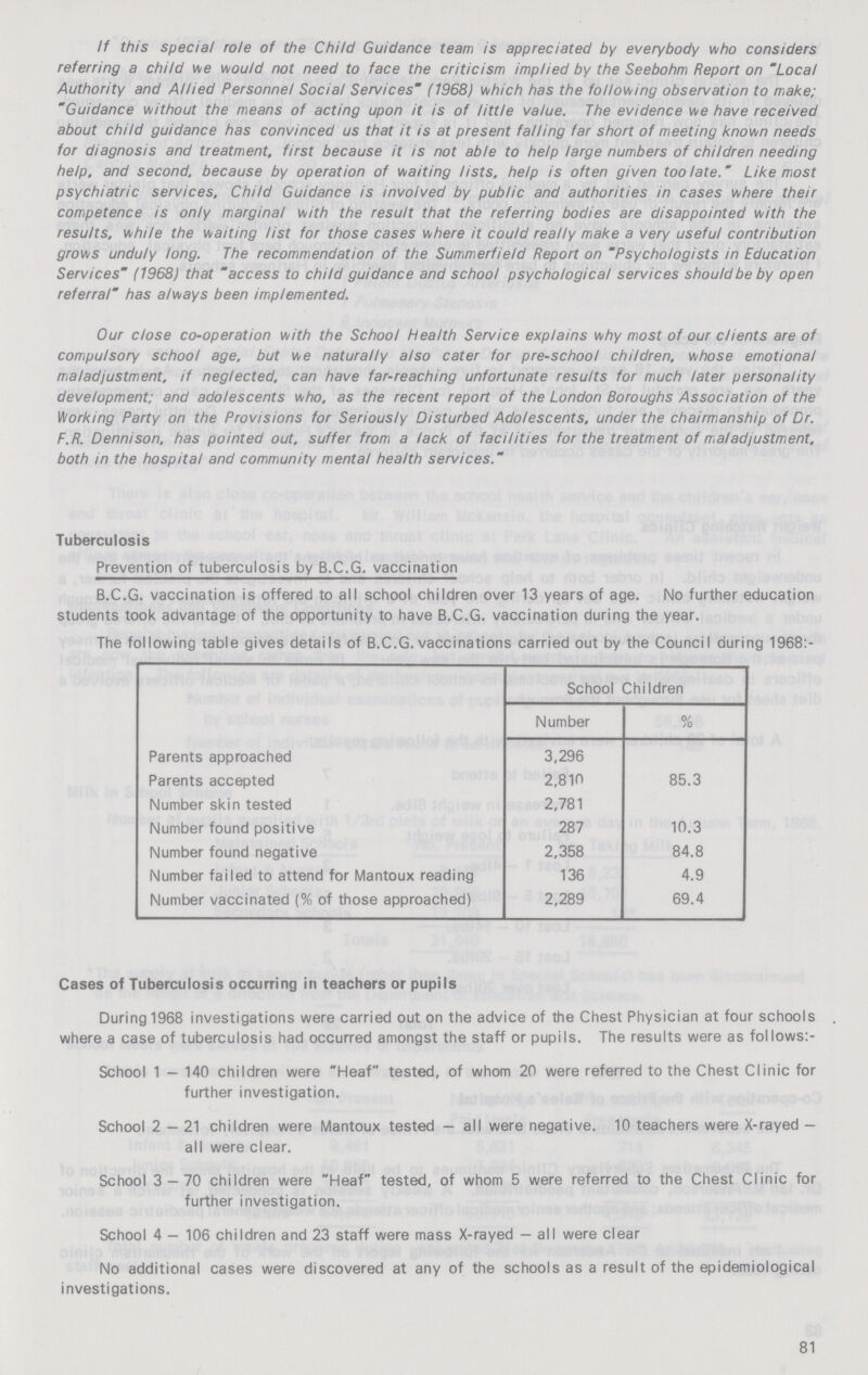 If this special role of the Child Guidance team is appreciated by everybody who considers referring a child we would not need to face the criticism implied by the Seebohm Report on Local Authority and Allied Personnel Social Services (1968) which has the following observation to make; Guidance without the means of acting upon it is of little value. The evidence we have received about child guidance has convinced us that it is at present falling far short of meeting known needs for diagnosis and treatment, first because it is not able to help large numbers of children needing help, and second, because by operation of waiting lists, help is often given too late. Like most psychiatric services. Child Guidance is involved by public and authorities in cases where their competence is only marginal with the result that the referring bodies are disappointed with the results, while the waiting list for those cases where it could really make a very useful contribution grows unduly long. The recommendation of the Summerfield Report on Psychologists in Education Services (1968) that access to child guidance and school psychological services should be by open referral has always been implemented. Our close co-operation with the School Health Service explains why most of our clients are of compulsory school age, but we naturally also cater for pre-school children, whose emotional maladjustment, if neglected, can have far-reaching unfortunate results for much later personality development; and adolescents who, as the recent report of the London Boroughs Association of the Working Party on the Provisions for Seriously Disturbed Adolescents, under the chairmanship of Dr. F.R. Dennison. has pointed out. suffer from a lack of facilities for the treatment of maladjustment, both in the hospital and community mental health services. Tuberculosis Prevention of tuberculosis by B.C.G. vaccination B.C.G. vaccination is offered to all school children over 13 years of age. No further education students took advantage of the opportunity to have B.C.G. vaccination during the year. The following table gives details of B.C.G. vaccinations carried out by the Council during 1968:- School Children Number % Parents approached 3,296 Parents accepted 2,810 85.3 Number skin tested 2,781 Number found positive 287 10.3 Number found negative 2,358 84.8 Number failed to attend for Mantoux reading 136 4.9 Number vaccinated (% of those approached) 2,289 69.4 Cases of Tuberculosis occurring in teachers or pupils During 1968 investigations were carried out on the advice of the Chest Physician at four schools where a case of tuberculosis had occurred amongst the staff or pupils. The results were as follows:- School 1 - 140 children were Heaf tested, of whom 20 were referred to the Chest CIinic for further investigation. School 2-21 children were Mantoux tested - all were negative. 10 teachers were X-rayed all were clear. School 3 — 70 children were Heaf tested, of whom 5 were referred to the Chest Clinic for further investigation. School 4 — 106 children and 23 staff were mass X-rayed - all were clear No additional cases were discovered at any of the schools as a result of the epidemiological investigations. 81