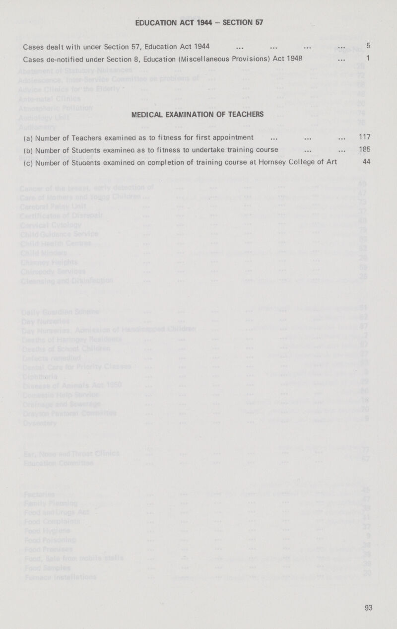 EDUCATION ACT 1944 - SECTION 57 Cases dealt with under Section 57, Education Act 1944 5 Cases de-notified under Section 8, Education (Miscellaneous Provisions) Act 1948 1 MEDICAL EXAMINATION OF TEACHERS (a) Number of Teachers examined as to fitness for first appointment 117 (b) Number of Students examined as to fitness to undertake training course 185 (c) Number of Students examined on completion of training course at Hornsey College of Art 44 93