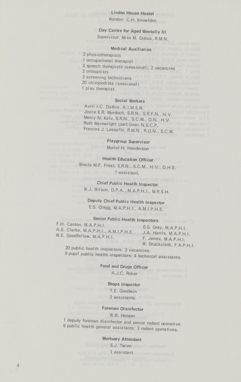 Linden House Hostel Warden: C.H. Knowlden Day Centre for Aged Mentally III Supervisor: Miss M. Dubos, R.M.N. Medical Auxiliaries 2 physiotherapists 1 occupational therapist 3 speech therapists (sessional): 2 vacancies 2 orthoptists 3 screening technicians 20 chiropodists (sessional) 1 play therapist. Social Workers Avril I.C. Duthie, A.I.M.S.W. Joyce E.R. Murdoch, S.R.N., S.R.F.N., H.V. Mercy N. Kalu, S.R.N., S.C.M., Q.N., H.V. Ruth Wainwright (part-time) N.S.C.P. Frances J. Lassalle, R.M.N., R.G.N., S.C.M. Playgroup Supervisor Muriel H. Henderson Health Education Officer Sheila M.P. Frost, S.R.N., S.C.M., H.V., D.H.E. 1 assistant. Chief Public Health Inspector W.J. Wilson, D.P.A., M.A.P.H.I., M.R.S.H. Deputy Chief Public Health Inspector E.S. Glegg, M.A.P.H.I., A.M.I.P.H.E. Senior Public Health Inspectors F.H. Canton, M.A.P.H.I. E.S. Gray, M.A.P.H.I. A.E. Clarke, M.A.P.H.I., A.M.I.P.H.E. J.A. Harris, M.A.P.H.I. W.E. Goodfellow, M.A.P.H.I. F. James, M.A.P.H.I. W. Shackcloth, F.A.P.H.I. 20 public health inspectors: 3 vacancies: 9 pupil public health inspectors: 4 technical assistants. Food and Drugs Officer A.J.C. Roker Shops Inspector T.E. Goodwin 2 assistants. Foreman Disinfector W.W. Hooper 1 deputy foreman disinfector and senior rodent operative: 8 public health general assistants: 3 rodent operatives. Mortuary Attendant S.J. Twinn 1 assistant 4