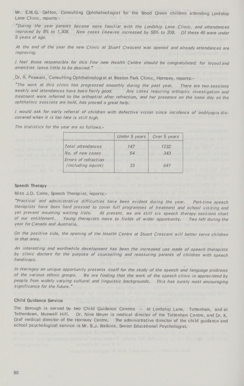 Mr. E.M.G. Galton, Consulting Ophthalmologist for the Wood Green children attending Lordship Lane Clinic, reports:- During the year parents became more familiar with the Lordship Lane Clinic, and attendances improved by 8% to 1,308. New cases likewise increased by 55% to 208. Of these 46 were under 5 years of age. At the end of the year the new Clinic at Stuart Crescent was opened and already attendances are improving. I feel those responsible for this fine new Health Centre should be congratulated; for layout and amenities leave little to be desired.  Dr. R. Peswani, Consulting Ophthalmologist at Weston Park Clinic, Hornsey, reports:- The work at this clinic has progressed smoothly during the past year. There are two sessions weekly and attendances have been fairly good. Any cases requiring orthoptic investigation and treatment were referred to the orthoptist after refraction, and her presence on the same day as the ophthalmic sessions are held, has proved a great help. / would ask for early referral of children with defective vision since incidence of amblyopia dis covered when it is too late is still high. The statistics for the year are as follows:- Under 5 years Over 5 years Total attendances 147 1232 No. of new cases 54 343 Errors of refraction (including squint) 33 641 Speech Therapy Miss J.D. Came, Speech Therapist, reports:- Practical and administrative difficulties have been evident during the year. Part-time speech therapists have been hard pressed to cover full programmes of treatment and school visiting and yet prevent mounting waiting lists. At present, we are still six speech therapy sessions short of our entitlement. Young therapists move to fields of wider opportunity. Two left during the year for Canada and Australia. On the positive side, the opening of the Health Centre at Stuart Crescent will better serve children in that area. An interesting and worthwhile development has been the increased use made of speech therapists by clinic doctors for the purpose of counselling and reassuring parents of children with speech handicaps. In Haringey an unique opportunity presents itself for the study of the speech and language problems of the various ethnic groups. We are finding that the work of the speech clinic is appreciated by people from widely varying cultural and linguistic backgrounds. This has surely most encouraging significance for the future. Child Guidance Service The Borough is served by two Child Guidance Centres - at Lordship Lane, Tottenham, and at Tetherdown, Muswell Hill. Dr. Nina Meyer is medical director of the Tottenham Centre, and Dr. K. Graf medical director of the Hornsey Centre. The administrative director of the child guidance and school psychological service is Mr. B.J. Watkins, Senior Educational Psychologist. 80