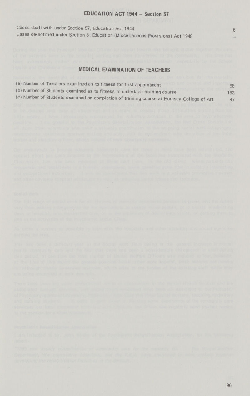 EDUCATION ACT 1944 - Section 57 Cases dealt with under Section 57, Education Act 1944 6 Cases de-notified under Section 8, Education (Miscellaneous Provisions) Act 1948 - MEDICAL EXAMINATION OF TEACHERS (a) Number of Teachers examined as to fitness for first appointment 98 (b) Number of Students examined as to fitness to undertake training course 183 (c) Number of Students examined on completion of training course at Hornsey College of Art 47 96