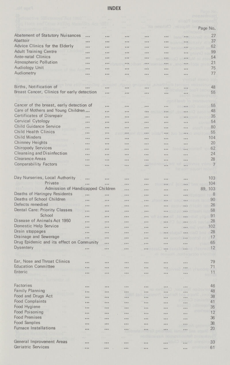 INDEX Page No. Abatement of Statutory Nuisances 27 Abattoir 37 Advice Clinics for the Elderly 62 Adult Training Centre 99 Ante-natal Clinics 54 Atmospheric Pollution 21 Audiology Unit 75 Audiometry 77 Births, Notification of 48 Breast Cancer, Clinics for early detection 55 Cancer of the breast, early detection of 55 Care of Mothers and Young Children 48 Certificates of Disrepair 35 Cervical Cytology 54 Child Guidance Service 80 Child Health Clinics 55 Child Minders 104 Chimney Heights 20 Chiropody Services 62 Cleansing and Disinfection 24 Clearance Areas 28 Comparability Factors 7 Day Nurseries, Local Authority 103 Private 104 Admission of Handicapped ChiIdren 89,103 Deaths of Haringey Residents 8 Deaths of School Children 90 Defects remedied 26 Dental Care: Priority Classes 58 School 91 Disease of Animals Act 1950 28 Domestic Help Service 102 Drain stoppages 28 Drainage and Sewerage 17 Drug Epidemic and its effect on Community 65 Dysentery 12 Ear, Nose and Throat Clinics 79 Education Committee 71 Enteric 11 Factories 46 Family Planning 48 Food and Drugs Act 38 Food Complaints 41 Food Hygiene 35 Food Poisoning 12 Food Premises 36 Food Samples 38 Furnace Installations 20 General Improvement Areas 33 Geriatric Services 61