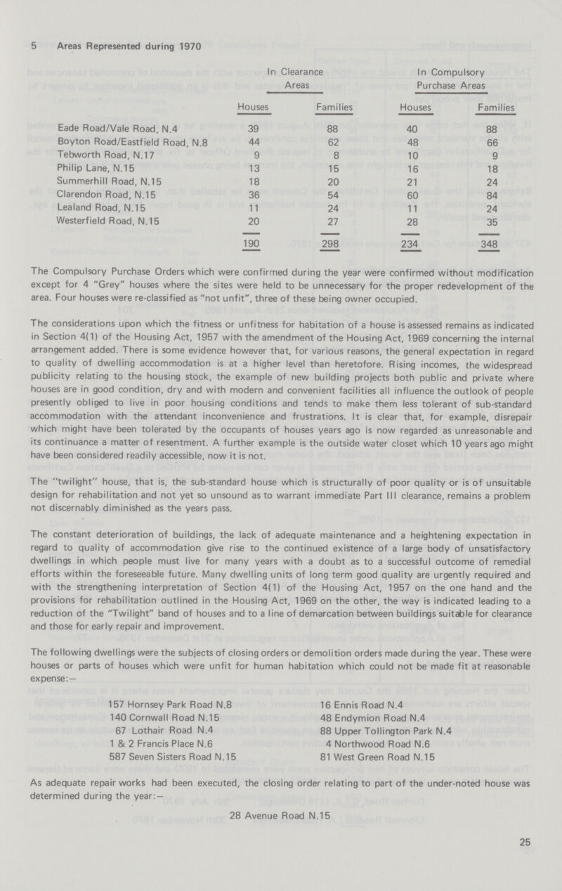 5 Areas Represented during 1970 In Clearance Areas In Compulsory Purchase Areas Houses Families Houses Families Eade Road/Vale Road, N.4 39 88 40 88 Boyton Road/Eastfield Road, N.8 44 62 48 66 Tebworth Road, N.17 9 8 10 9 Philip Lane, N.15 13 15 16 18 Summerhill Road, N.15 18 20 21 24 Clarendon Road, N.15 36 54 60 84 Lealand Road, N.15 11 24 11 24 Westerfield Road, N.15 20 27 28 35 190 298 234 348 The Compulsory Purchase Orders which were confirmed during the year were confirmed without modification except for 4 Grey houses where the sites were held to be unnecessary for the proper redevelopment of the area. Four houses were re-classified as not unfit, three of these being owner occupied. The considerations upon which the fitness or unfitness for habitation of a house is assessed remains as indicated in Section 4(1) of the Housing Act, 1957 with the amendment of the Housing Act, 1969 concerning the internal arrangement added. There is some evidence however that, for various reasons, the general expectation in regard to quality of dwelling accommodation is at a higher level than heretofore. Rising incomes, the widespread publicity relating to the housing stock, the example of new building projects both public and private where houses are in good condition, dry and with modern and convenient facilities all influence the outlook of people presently obliged to live in poor housing conditions and tends to make them less tolerant of sub-standard accommodation with the attendant inconvenience and frustrations. It is clear that, for example, disrepair which might have been tolerated by the occupants of houses years ago is now regarded as unreasonable and its continuance a matter of resentment. A further example is the outside water closet which 10 years ago might have been considered readily accessible, now it is not. The twilight house, that is, the sub-standard house which is structurally of poor quality or is of unsuitable design for rehabilitation and not yet so unsound as to warrant immediate Part III clearance, remains a problem not discernably diminished as the years pass. The constant deterioration of buildings, the lack of adequate maintenance and a heightening expectation in regard to quality of accommodation give rise to the continued existence of a large body of unsatisfactory dwellings in which people must live for many years with a doubt as to a successful outcome of remedial efforts within the foreseeable future. Many dwelling units of long term good quality are urgently required and with the strengthening interpretation of Section 4(1) of the Housing Act, 1957 on the one hand and the provisions for rehabilitation outlined in the Housing Act, 1969 on the other, the way is indicated leading to a reduction of the Twilight band of houses and to a line of demarcation between buildings suitable for clearance and those for early repair and improvement. The following dwellings were the subjects of closing orders or demolition orders made during the year. These were houses or parts of houses which were unfit for human habitation which could not be made fit at reasonable expense: — 157 Hornsey Park Road N.8 16 Ennis Road N.4 140 Cornwall Road N.15 48 Endymion Road N.4 67 Lothair Road N.4 88 Upper Tollington Park N.4 1 & 2 Francis Place N.6 4 Northwood Road N.6 587 Seven Sisters Road N.15 81 West Green Road N.15 As adequate repair works had been executed, the closing order relating to part of the under-noted house was determined during the year: — 28 Avenue Road N.15 25