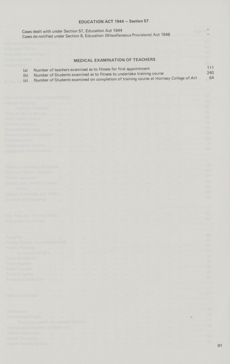 EDUCATION ACT 1944 - Section 57 Cases dealt with under Section 57, Education Act 1944 — Cases de-notified under Section 8, Education (Miscellaneous Provisions) Act 1948 — MEDICAL EXAMINATION OF TEACHERS (a) Number of teachers examined as to fitness for first appointment 111 (b) Number of Students examined as to fitness to undertake training course 240 (c) Number of Students examined on completion of training course at Hornsey College of Art 64 91