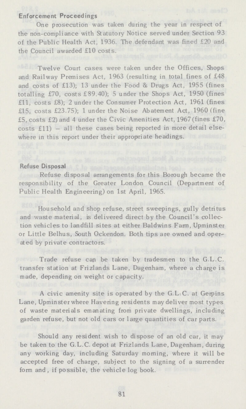 Enforcement Proceedings One prosecution was taken during the year in respect of the non-compliance with Statutory Notice served under Section 93 of the Public Health Act, 1936. The defendant was fined £20 and the Council awarded £10 costs. Twelve Court cases were taken under the Offices, Shops and Railway Premises Act, 1963 (resulting in total fines of £48 and costs of £13); 13 under the Food &. Drugs Act, 1955 (fines totalling £70, costs £89.40); 5 under the Shops Act, 1950 (fines £11, costs £8); 2 under the Consumer Protection Act, 1961 (fines £15, costs £23.75); 1 under the Noise Abatement Act, 1960 (fine £5, costs £2) and 4 under the Civic Amenities Act, 1967(fines £70, costs £11)—all these cases being reported in more detail else where in this report under their appropriate headings. Refuse Disposal Refuse disposal arrangements for this Borough became the responsibility of the Greater London Council (Department of Public Health Engineering) on 1st April, 1965. Household and shop refuse, street sweepings, gully detritus and waste material, is delivered direct by the Council's collec tion vehicles to landfill sites at either Baldwins Farm, Upminster or Little Belhus, South Ockendon. Both tips are owned and oper ated by private contractors. Trade refuse can be taken by tradesmen to the G.L.C. transfer station at Frizlands Lane, Dagenham, where a charge is made, depending on weight or capacity. A civic amenity site is operated by the G.L.C. at Gerpins Lane, Upminster where Havering residents may deliver most types of waste materials emanating from private dwellings, including garden refuse, but not old cars or large quantities of car parts. Should any resident wish to dispose of an old car, it may be taken to the G.L.C. depot at Frizlands Lane, Dagenham, during any working day, including Saturday morning, where it will be accepted free of charge, subject to the signing of a surrender form and , if possible, the vehicle log book. 81