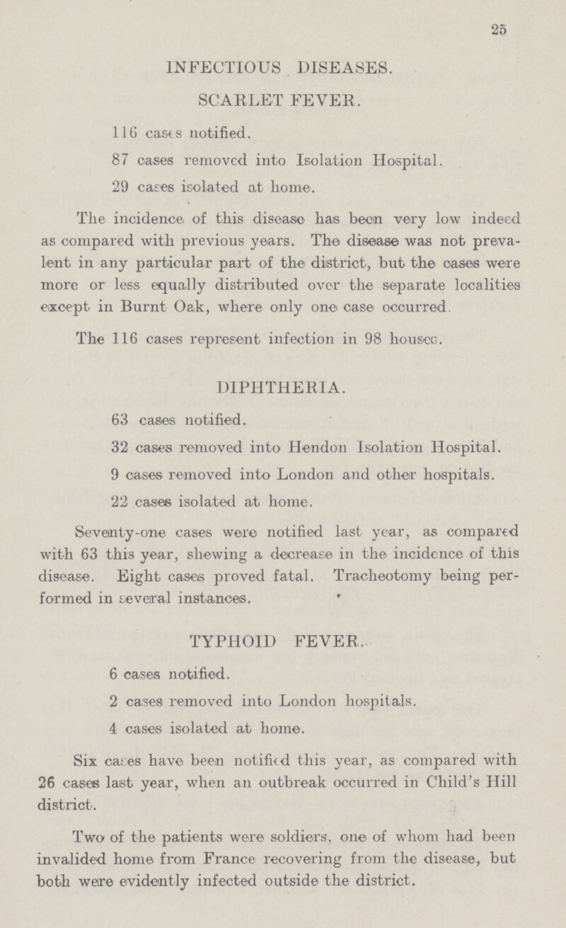 25 INFECTIOUS DISEASES. SCARLET FEVER. 116 casts notified. 87 cases removed into Isolation Hospital. 29 cases isolated at home. The incidence, of this disease has been very low indeed as compared with previous years. The disease was not preva lent in any particular part of the district, but the cases were more or less equally distributed over the separate localities except in Burnt Oak, where only one case occurred The 116 cases represent infection in 98 houscG. DIPHTHERIA. 63 cases notified. 32 cases removed into Hendon Isolation Hospital. 9 cases removed into London and other hospitals. 22 cases isolated at home. Sevetnty-one cases were notified last year, as compared with 63 this year, shewing a decrease in the incidcnce of this disease. Eight cases proved fatal. Tracheotomy being per formed in several instances. TYPHOID FEVER. 6 cases notified. 2 cases removed into London hospitals. 4 cases isolated at home. Six ca;es have been notified this year, as compared with 26 cases last year, when an outbreak occurred in Child's Hill district. Two of the patients were soldiers, one of whom had been invalided home from France recovering from the disease, but both were evidently infected outside the district.