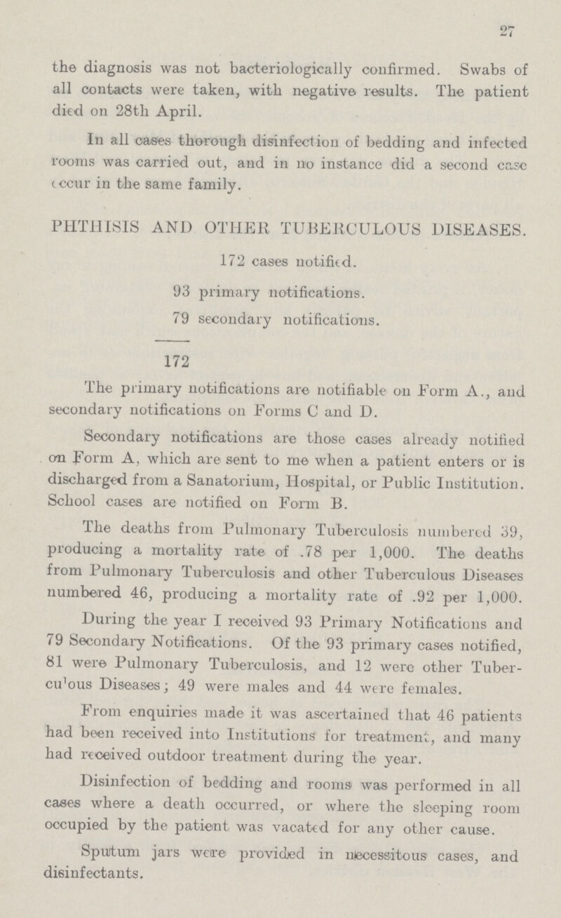27 the diagnosis was not bacteriologically confirmed. Swabs of all contacts were taken, with negative results. The patient died on 28th April. In all cases thorough disinfection of bedding and infected rooms was carried out, and in no instance did a second case occur in the same family. PHTHISIS AND OTHER TUBERCULOUS DISEASES. 172 cases notifed. 93 primary notifications. 79 secondary notifications. 172 The primary notifications are notifiable on Form A., and secondary notifications on Forms C and D. Secondary notifications are those caaes already notified cm Form A, which are sent to me when a patient enters or is discharged from a Sanatorium, Hospital, or Public Institution. School cases are notified on Form B. The deaths from Pulmonary Tuberculosis numbered 39, producing a mortality rate of .78 per 1,000. The deaths from Pulmonary Tuberculosis and other Tuberculous Diseases numbered 46, producing a mortality rate of .92 per 1,000. During the year I received 93 Primary Notifications and 79 Secondary Notifications. Of the 93 primary cases notified, 81 were Pulmonary Tuberculosis, and 12 were other Tuber culous Diseases; 49 were males and 44 were females. From enquiries made it was ascertained that 46 patients had been received into Institutions for treatment, and many had received outdoor treatment during the year. Disinfection of bedding and rooms was performed in all cases where a death occurred, or where the sleeping room occupied by the patient was vacated for any other cause. Sputum jars were provided in necessitous cases, and disinfectants.