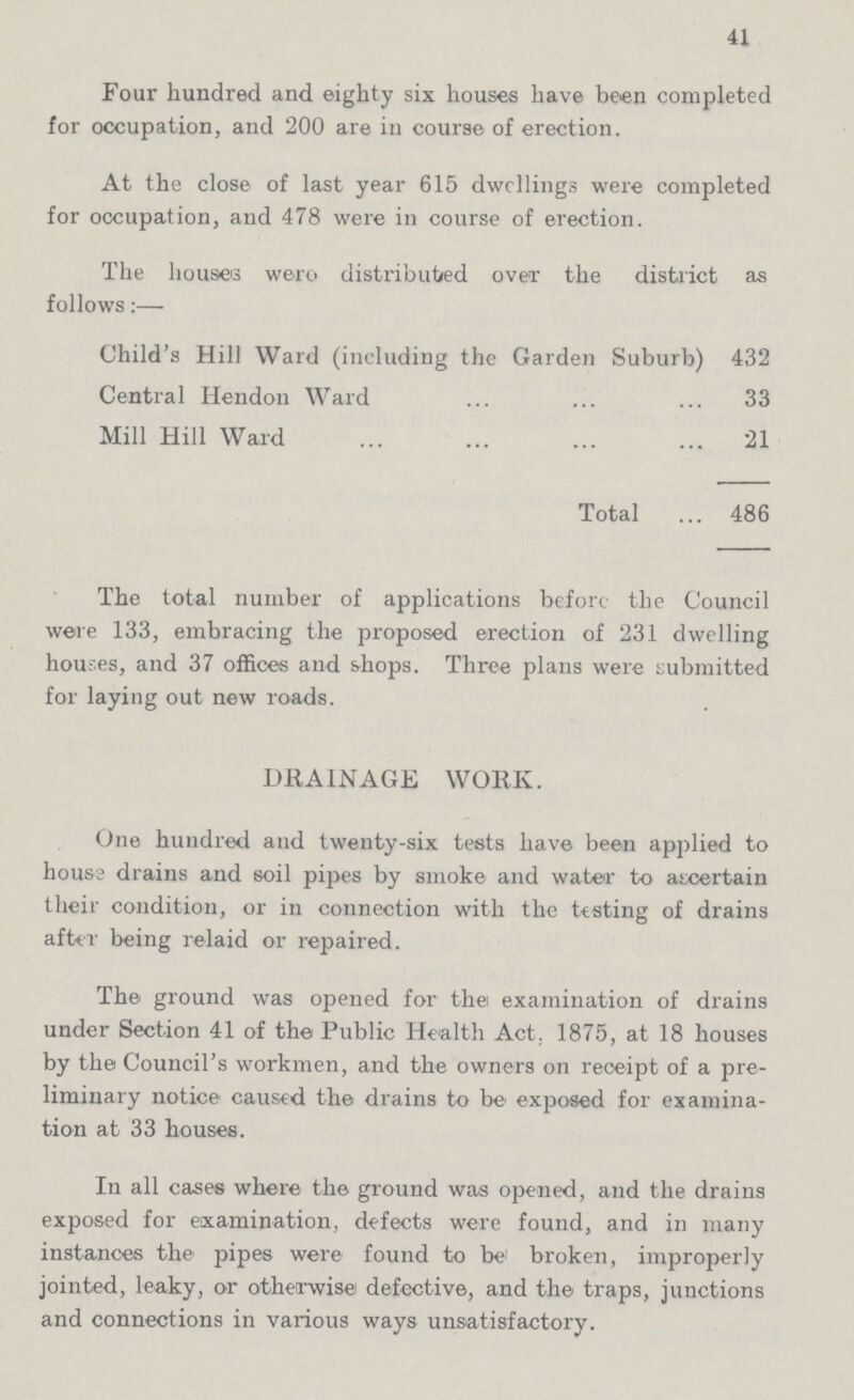 41 Four hundred and eighty six houses have been completed for occupation, and 200 are in course of erection. At the close of last year 615 dwellings were completed for occupation, and 478 were in course of erection. The houses we.ro distributed over the district as follows:— Child's Hill Ward (including the Garden Suburb) 432 Central Hendon Ward 33 Mill Hill Ward 21 Total 486 The total number of applications before the Council were 133, embracing the proposed erection of 231 dwelling houses, and 37 offices and shops. Three plans were submitted for laying out new roads. DRAINAGE WORK. One hundred and twenty-six tests have been applied to housi drains and 6oil pipes by smoke and water to ascertain their condition, or in connection with the testing of drains after being relaid or repaired. The ground was opened for the examination of drains under Section 41 of the Public Health Act. 1875, at 18 houses by the Council's workmen, and the owners on receipt of a pre liminary notice caused the drains to be exposed for examina tion at 33 houses. In all cases where the ground was opened, and the drains exposed for examination, defects were found, and in many instances the pipes were found to be broken, improperly jointed, leaky, or otherwise defective, and the traps, junctions and connections in various ways unsatisfactory.