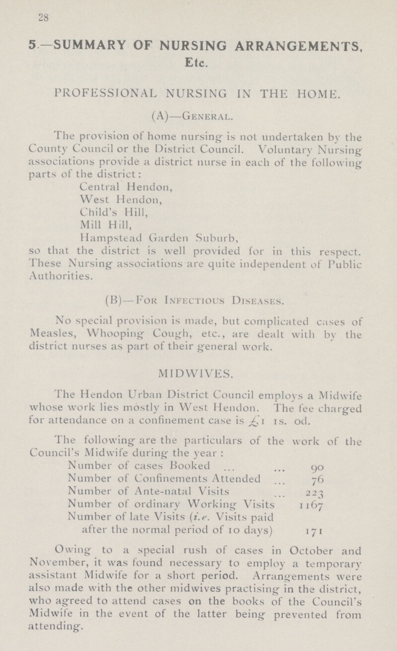 28 5 —SUMMARY OF NURSING ARRANGEMENTS, Etc. PROFESSIONAL NURSING IN THE HOME. (A)—General. The provision of home nursing is not undertaken by the County Council or the District Council. Voluntary Nursing associations provide a district nurse in each of the following parts of the district: Central Hendon, West Hendon, Child's Hill, Mill Hill, Hampstead Garden Suburb, so that the district is well provided for in this respect. These Nursing associations are quite independent of Public Authorities. (B)—For Infectious Diseases. No special provision is made, but complicated cases of Measles, Whooping Cough, etc., are dealt with by the district nurses as part of their general work. MIDWIVES. The Hendon Urban District Council employs a Midwife whose work lies mostly in West Hendon. The fee charged for attendance on a confinement case is ,£1 1s. 0d. The following are the particulars of the work of the Council's Midwife during the year: Number of cases Booked 90 Number of Confinements Attended 76 Number of Ante-natal Visits 223 Number of ordinary Working Visits 1167 Number of late Visits (i.e. Visits paid after the normal period of 10 days) 171 Owing to a special rush of cases in October and November, it was found necessary to employ a temporary assistant Midwife for a short period. Arrangements were also made with the other midwives practising in the district, who agreed to attend cases on the books of the Council's Midwife in the event of the latter being prevented from attending.