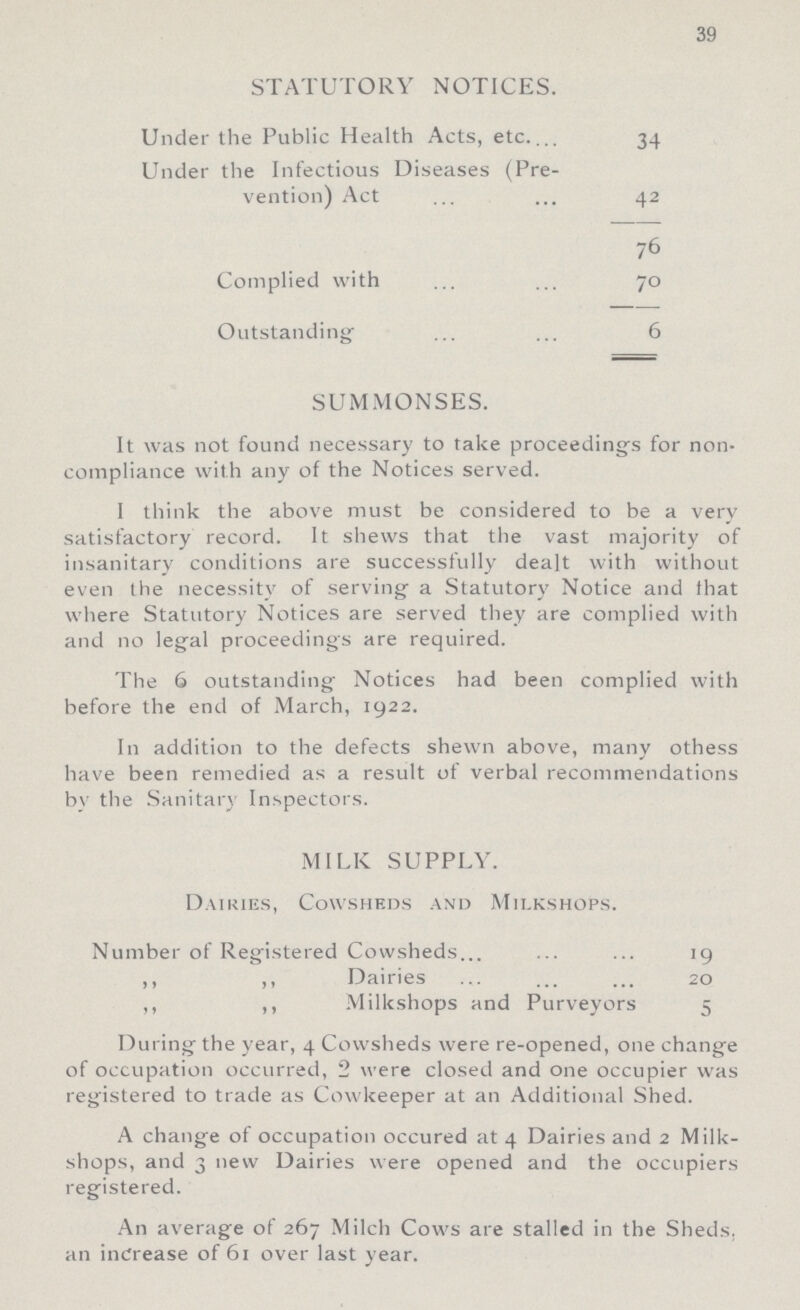 39 STATUTORY NOTICES. Under the Public Health Acts, etc. 34 Under the Infectious Diseases (Pre vention) Act 42 76 Complied with 70 Outstanding 6 SUMMONSES. It was not found necessary to take proceedings for non compliance with any of the Notices served. I think the above must be considered to be a very satisfactory record. It shews that the vast majority of insanitary conditions are successfully dealt with without even the necessity of serving a Statutory Notice and that where Statutory Notices are served they are complied with and 110 legal proceedings are required. The 6 outstanding Notices had been complied with before the end of March, 1922. In addition to the defects shewn above, many othess have been remedied as a result of verbal recommendations by the Sanitary Inspectors. MILK SUPPLY. Dairies, Cowsheds and Milkshops. Number of Registered Cowsheds 19 ,, ,, Dairies 20 ,, ,, Milkshops and Purveyors 5 During the year, 4 Cowsheds were re-opened, one change of occupation occurred, 2 were closed and one occupier was registered to trade as Cowkeeper at an Additional Shed. A change of occupation occured at 4 Dairies and 2 Milk shops, and 3 new Dairies were opened and the occupiers registered. An average of 267 Milch Cows are stalled in the Sheds, an increase of 61 over last year.