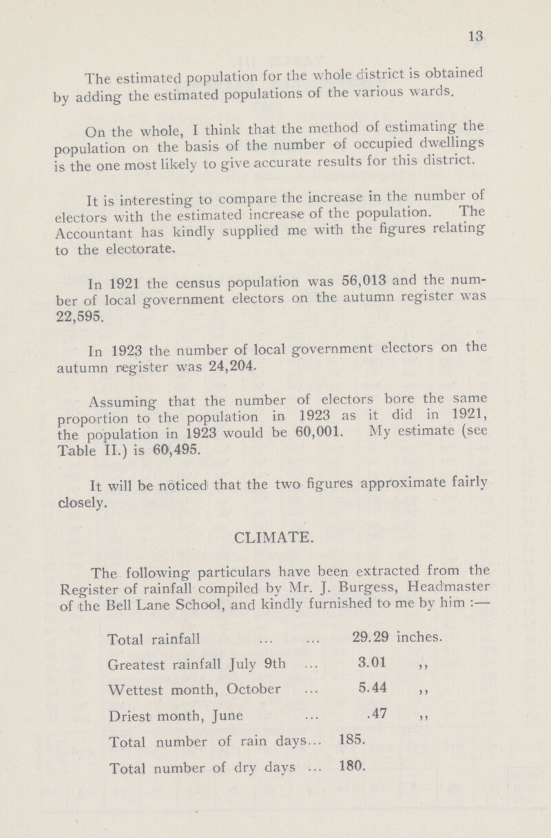 13 The estimated population for the whole district is obtained by adding the estimated populations of the various wards. On the whole, I think that the method of estimating the population on the basis of the number of occupied dwellings is the one most likely to give accurate results for this district. It is interesting to compare the increase in the number of electors with the estimated increase of the population. The Accountant has kindly supplied me with the figures relating to the electorate. In 1921 the census population was 56,013 and the num ber of local government electors on the autumn register was 22,595. In 1923 the number of local government electors on the autumn register was 24,204. Assuming that the number of electors bore the same proportion to the population in 1923 as it did in 1921, the population in 1923 would be 60,001. My estimate (see Table II.) is 60,495. It will be noticed that the two figures approximate fairly closely. The following particulars have been extracted from the Register of rainfall compiled by Mr. J. Burgess, Headmaster of the Bell Lane School, and kindly furnished to me by him:— Total rainfall 29.29 inches. Greatest rainfall July 9th 3.01 „ Wettest month, October 5.44 „ Driest month, June .47 „ Total number of rain days 185. Total number of dry days 180. CLIMATE.