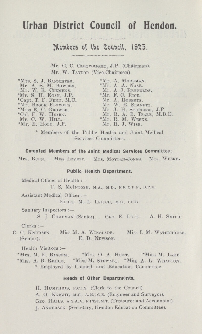 Urban District Council of Hendon. Members of the Council, 1925. Mr. C. C. Cartwrigiit, J.P. (Chairman). Mr. W. Taylor (Vice-Chairman). *Mrs. S. J. Bannister. Mr. A. S. M. Bowers. Mr. W. R. Clemens. *Mr. S. H. Egan, J.P. *Capt. T. F. Fenn, M.C. *Mr. Brook Flowers. *Miss E. C. Growse. *Col. F. W. Hearn. Mr. C. W. Hill. *Mr. E. Holt, J.P. *Mr. A. Morsman. *Mr. A. A. Naar. Mr. A. J. Reynolds. *Mr. F. C. Rice. Mr. A. Roberts. Air. W. E. Simnett. Mr. J. H. Sturgess, J.P. Mr. R. A. B. Teare, M.B.E. *Mr. R. M. Weeks. Mr. R. J. Wise. * Members of the Public Health: and Joint Medical Services Committees. Co-opted Members of the Joint Medical Services Committee : Mrs. Burn. Miss Lievett. Mrs. Moylan-Jones. Mrs. Weeks. Public Health Department. Medical Officer of Health:- T. S. MclNTOSH, m.a., m.d., f.r c.p.e., d.p.h. Assistant Medical Officer:— Ethel M. L. Leitch, m.b., ch.b Sanitary Inspectors:— S. J. Chapman (Senior). Geo. E. Luck. A. H. Smith. Clerks : — C. C. Knudsen Miss M. A. Winslade. Miss I. M. Waterhouse. (Senior). E. D. Nkwson. Health Visitors :— *Mrs. M. E. Bascom. *Mrs. O. A. Hunt. *Miss M. Lake. *Miss A. B. Reidie. *Miss M. Stewart. *Mise A. L. Wharton. * Employed by Council and Education Committee. Heads of Other Departments. H. Humphris, f.c.i.s. (Clerk to the Council). A. O. Knight, m.c , a.m.i c e. (Engineer and Surveyor). Geo. Hails, a.s.a.a., f.inst.m.t. (Treasurer and Accountant). J. Anderson (Secretary, Hendon Education Committee).