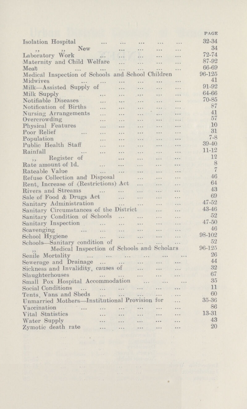page Isolation Hospital 32-34 „ „ New 34 Laboratory Work 72-74 Maternity and Child Welfare 87-92 Meat 66-69 Medical Inspection of Schools and School Children 96-125 Midwives 41 Milk—Assisted Supply of 91-92 Milk Supply 64-66 Notifiable Diseases 70-85 Notification of Births 87 Nursing Arrangements 41 Overcrowding 57 Physical Features 10 Poor Relief 31 Population 7-8 Public Health Staff 39-40 Rainfall 11-12 „ Register of 12 Rate amount of 1d. 8 Rateable Value 7 Refuse Collection and Disposal 46 Rent, Increase of (Restrictions) Act 64 Rivers and Streams 43 Sale of Food & Drugs Act 69 Sanitary Administration 47-52 Sanitary Circumstances of the District 43-46 Sanitary Condition of Schools 52 Sanitary Inspection 47-50 Scavenging 46 School Hygiene 98-102 Schools—Sanitary condition of 52 „ Medical Inspection of Schools and Scholars 96-125 Senile Mortality 26 Sewerage and Drainage 44 Sickness and Invalidity, causes of 32 Slaughterhouses 67 Small Pox Hospital Accommodation 35 Social Conditions 11 Tents, Vans and Sheds 60 Unmarried Mothers—Institutional Provision for 35-36 Vaccination 86 Vital Statistics 13-31 Water Supply 43 Zymotic death rate 20