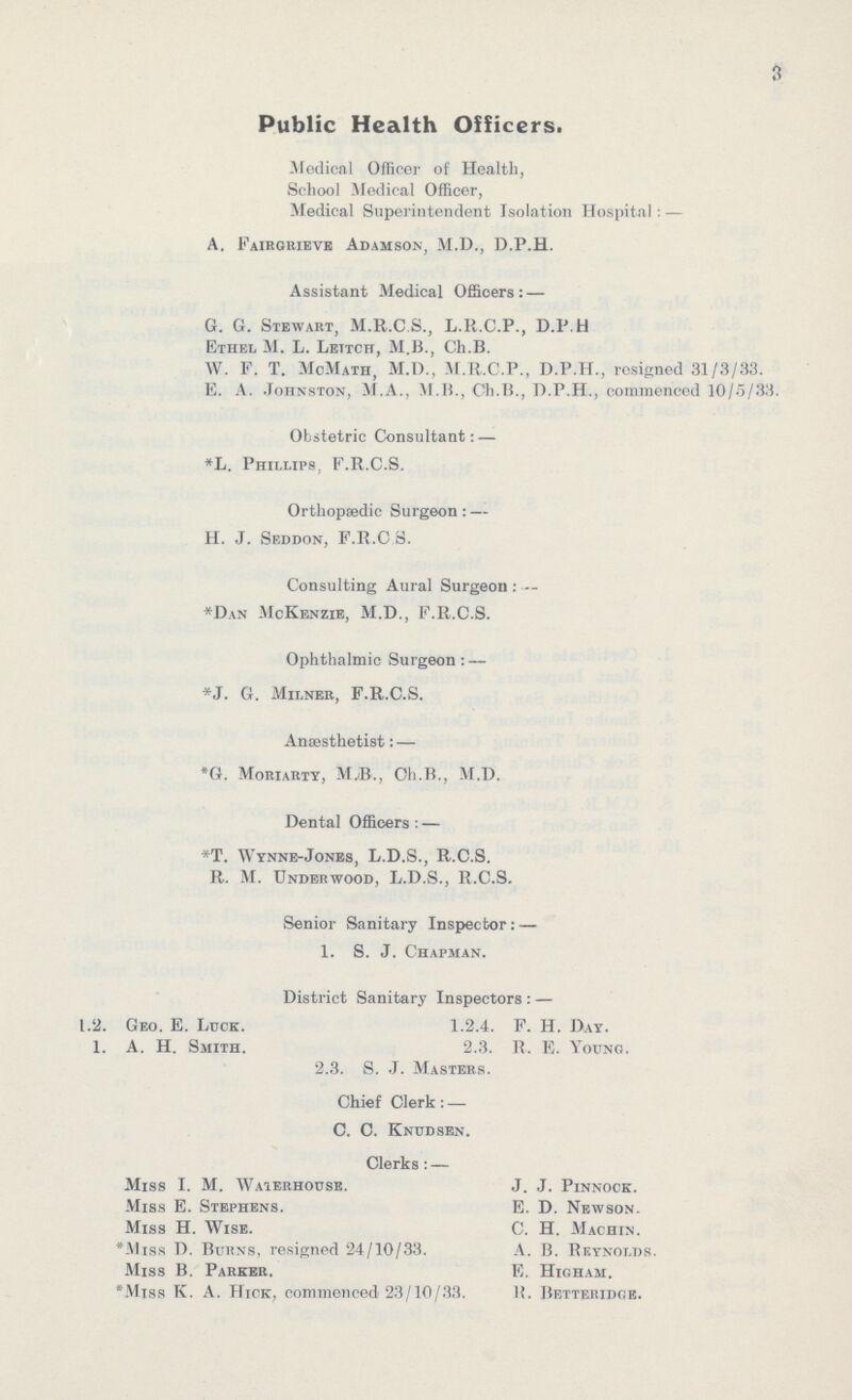 3 Public Health Officers. Medical Officer of Health, School Medical Officer, Medical Superintendent Isolation Hospital:— A. Fairgrieve Adamson, M.D., D.P.H. Assistant Medical Officers:— G. G. Stewart, M.R.C.S., L.R.C.P., D.P.H Ethel M. L. Leitch, M.B., Ch.B. W. F. T. McMath, M.D., M.R.C.P., D.P.H., resigned 31/3/33. E. A. Johnston, M.A., M.B., Ch.B., D.P.H., commenced 10/5/33. Obstetric Consultant:— *L. Phillips, F.R.C.S. Orthopaedic Surgeon:— H. J. Seddon, F.R.C.S. Consulting Aural Surgeon:— *Dan McKenzie, M.D., F.R.C.S. Ophthalmic Surgeon:— *J. G. Milner, F.R.C.S. Anaesthetist:— *G. Moriarty, M.B., Ch.B., M.D. Dental Officers:— *T. Wynne-Jones, L.D.S., R.C.S. R. M. Underwood, L.D.S., R.C.S. Senior Sanitary Inspector:— 1. S. J. Chapman. District Sanitary Inspectors:— 1.2. Geo. E. Luck. 1.2.4. F. H. Day. 1. A. H. Smith. 2.3. R. E. Young. 2.3. S. J. Mastebs. Chief Clerk:— C. C. Knudsen. Clerks:— Miss I. M. Waierhouse. J. J. Pinnock. Miss E. Stephens. E. D. Newson. Miss H. Wise. C. H. Machin. *Miss D. Burns, resigned 24/10/33. A. B. Reynolds. Miss B. Parker. E. Higham. *Miss K. A. Hick, commenced 23/10/33. R. Betteridge.