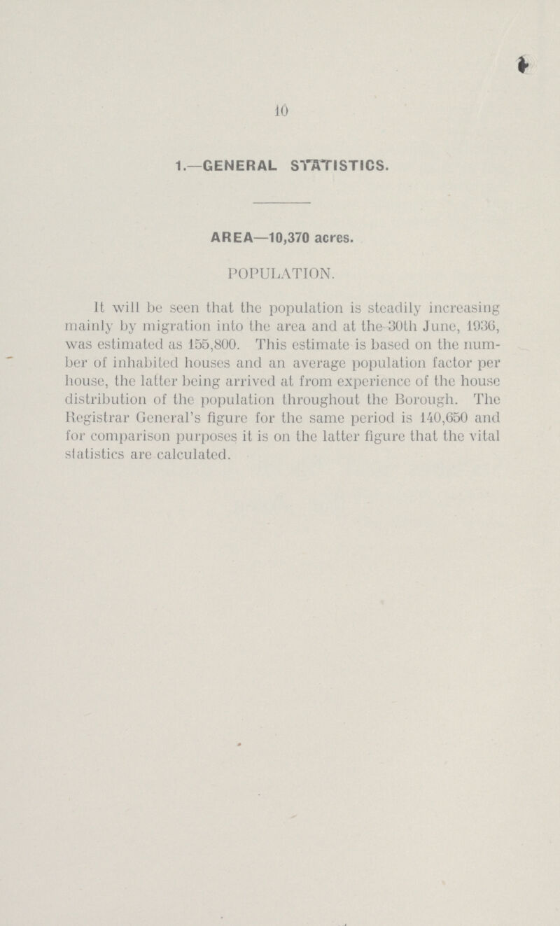 10 1.—GENERAL STATISTICS. AREA—10,370 acres. POPULATION. It will be seen that the population is steadily increasing mainly by migration into the area and at the-30th June, 1936, was estimated as 155,800. This estimate is based on the num ber of inhabited houses and an average population factor per house, the latter being arrived at from experience of the house distribution of the population throughout the Borough. The Registrar General's figure for the same period is 140,650 and for comparison purposes it is on the latter figure that the vital statistics are calculated.