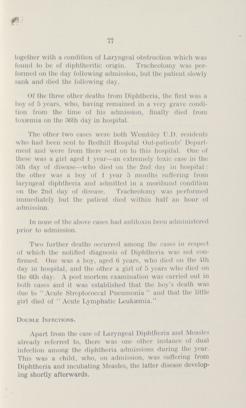 11 together with a condition of Laryngeal obstruction which was found to be of diphtheritic origin. Tracheotomy was per formed on the day following admission, but the patient slowly sank and died the following day. Of the three other deaths from Diphtheria, the first was a boy of 5 years, who, having remained in a very grave condi tion from the time of his admission, finally died from toxaemia on the 36th day in hospital. The other two cases were both Wembley U.D. residents who had been sent to Redhill Hospital Out-patients' Depart ment and were from there sent on to this hospital. One of these was a girl aged 1 year—an extremely toxic case in the 5th day of disease—who died on the 2nd clay in hospital: the other was a boy of 1 year 5 months suffering from laryngeal diphtheria and admitted in a moribund condition on the 2nd day of disease. Tracheotomy was performed immediately but the patient died within half an hour of admission. In none of the above cases had antitoxin been administered prior to admission. Two further deaths occurred among the cases in respect of which the notified diagnosis of Diphtheria was not con firmed. One was a boy, aged 6 years, who died on the 4th clay in hospital, and the other a girl of 5 years who died on the 6th day. A post mortem examination was carried out in both cases and it was established that the boy's death was due to Acute Streptococcal Pneumonia and that the little girl died of Acute Lymphatic Leukaemia. Double Infections. Apart from the case of Laryngeal Diphtheria and Measles already referred to, there was one other instance of dual infection among the diphtheria admissions during the year. This was a child, who, on admission, was suffering from Diphtheria and incubating Measles, the latter disease develop ing shortly afterwards.