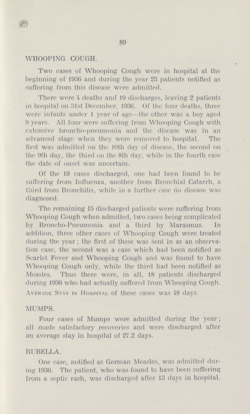 89 WHOOPING COUGH. Two cases of Whooping Cough were in hospital at the beginning of 1936 and during the year 23 patients notified as suffering from this disease were admitted. There were 4 deaths and 19 discharges, leaving 2 patients in hospital on 31st December, 1936. Of the four deaths, three were infants under 1 year of age—the other was a boy aged 9 years. All four were suffering from Whooping Cough with extensive broncho-pneumonia and the disease was in an advanced stage when they were removed to hospital. The first was admitted on the 10th day of disease, the second on the 9th day, the third on the 8th day, while in the fourth case the date of onset was uncertain. Of the 19 cases discharged, one had been found to be suffering from Influenza, another from Bronchial Catarrh, a third from Bronchitis, while in a further case no disease was diagnosed. The remaining 15 discharged patients were suffering from Whooping Cough when admitted, two cases being complicated by Broncho-Pneumonia and a third by Marasmus. In addition, three other cases of Whooping Cough were treated during the year ; the first of these was sent in as an observa tion case, the second was a case which had been notified as Scarlet Fever and Whooping Cough and was found to have Whooping Cough only, while the third had been notified as Measles. Thus there were, in all, 18 patients discharged during 1936 who had actually suffered from Whooping Cough. Average Stay in Hospital of these cases was 48 days. MUMPS. Four cases of Mumps were admitted during the year; all made satisfactory recoveries and were discharged after an average stay in hospital of 27.2 days. RUBELLA. One case, notified as German Measles, was admitted dur ing 1936. The patient, who was found to have been suffering from a septic rash, was discharged after 13 days in hospital.