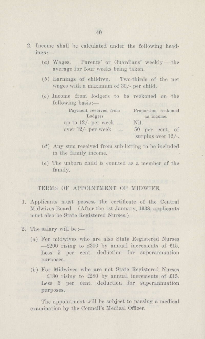 40 2. Income shall be calculated under the following head ings (a) Wages. Parents' or Guardians' weekly — the average for four weeks being taken. (b) Earnings of children. Two-thirds of the net wages with a maximum of 30/- per child. (c) Income from lodgers to be reckoned on the following basis:— Payment received from Lodgers Proportion reckoned as income. up to 12/- per week Nil. over 12/- per week 50 per cent, of surplus over 12/-. (d) Any sum received from sub-letting to be included in the family income. (e) The unborn child is counted as a member of the family. TERMS OF APPOINTMENT OF MIDWIFE. 1. Applicants must possess the certificate of the Central Midwives Board. (After the 1st January, 1938, applicants must also be State Registered Nurses.) 2. The salary will be:— (a) For midwives who are also State Registered Nurses —£200 rising to £300 by annual increments of £15. Less 5 per cent. deduction for superannuation purposes. (b) For Midwives who are not State Registered Nurses —£180 rising to £280 by annual increments of £15. Less 5 per cent. deduction for superannuation purposes. The appointment will be subject to passing a medical examination by the Council's Medical Officer.