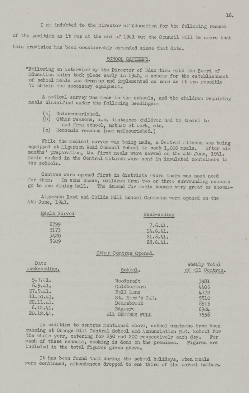 16. I am indebted to the Director of Education for the following resume of the position as it was at the end of 1941 but the Council will be aware that this provision has been considerably extended since that date. SCHOOL CANTEENS. Following an interview by the Director of Education with the Board of Education which took place early in 1940, a scheme for the establishment of school meals was drawn up and implemented as soon as it was possible to obtain the necessary equipment. A medical survey was made in the schools, and the children requiring meals classified under the following headings (a) Under-nourished. (b) Other reasons, i.e. distances children had to travel to and from school, mother at work, etc. (c) Economic reasons (not malnourished.) While the medical survey was being made, a Central kitchen was being equipped at Algernon Road Council School to cook 1,000 meals. After six months' preparation, the first meals were served on the 4th June, 1941. Meals cooked in the Central Kitchen were sent in insulated containers to the schools. Centres were opened first in districts where there was most need for them. In some cases, children from two or three surrounding schools go to one dining hall. The demand for meals became very great as shown:- Algernon Road and Childs Hill School Canteens wore opened on the 4th June, 1941. Meals Served Week-ending 2799 7.6.41. 3173 14.6.41. 3420 21.6.41. 3609 28.6.41. • • Other Centres Opened. Week-ending. School. Weekly Total of all Centres. 5.7.41. Woodcroft 3981 6.9.41. Goldbeaters 4406 27.9.41. Bell Lane 4772 11.10.41. St. Mary's C.???. 5510 22.11.41. Deansbrook 6515 6.12.41. Edgware 6904 20.12.41. ALL CENTRES FULL 7556 In addition to centres mentioned above, school canteens have been running at Orange Hill Central School and Annunciation R.C. School for the whole year, catering for 250 and 200 respectively each day. For each of these schools, cooking is done on the premises. Figures are included in the total figures given above. It has been found that during the school holidays, when meals were continued, attendances dropped to one third of the normal number.