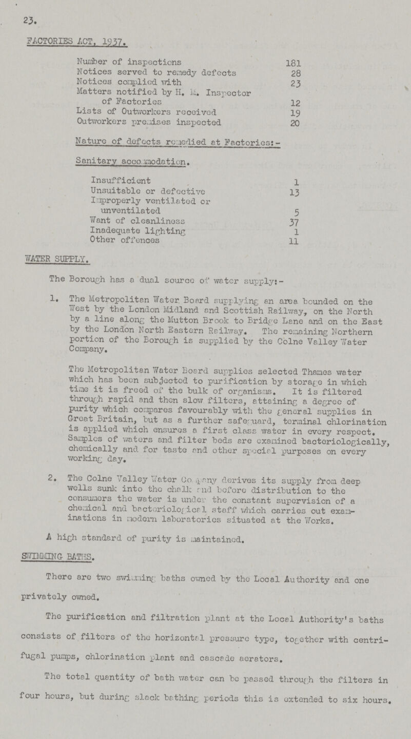 23. FACTORIES ACT, l937. Number of inspections 181 Notices served to remedy defects 28 Notices complied with 23 Matters notified by H. M. Inspector of Factories 12 Lists of Outworkers received 19 Outworkers premises inspected 20 Nature of defects remedied at Factories;- Sanitary accommodation. Insufficient 1 Unsuitable or defective 13 Improperly ventilated or unventilated 5 Want of cleanlinoss 37 Inadequate lighting 1 Other offences 11 WATER SUPPLY. The Borough has a dual source of water supply:- 1. The Metropolitan Water Board supplying en area bounded on the west by the London Midland and Scottish Railway, on the North by a line along the Mutton Brook to Bridge Lane and on the East by the London North Eastern Railway. The remaining Northern portion of the Borough is supplied by the Colne Valley Water Company. The Metropolitan Water Board supplies selected Thames water which has been subjected to purification by storage in which time it is freed of the bulk of organisms. It is filtered through rapid and then slow filters, attaining a degree of purity which compares favourably with the general supplies in Great Britain, but as a further safeguard, terminal chlorination is applied which ensures a first class water in every respect. Samples of waters and filter beds ere examined bactoriologically, chemically and for taste rnd other spcciel purposes on every working day. 2. The Colne Valley Water Company derives its supply from deep wells sunk into the chalk rnd before distribution to the consumers the water is under the constant supervision of a chemical and bactoriologica1 staff which carries out exam inations in modern laboratories situated at the Works. A high standard of purity is maintained. SWIMMING BATHS. There are two swimming baths owned by the Local Authority and one privately owned. The purification and filtration plant at the Locel Authority's baths consists of filters of the horizontrl pressure type, together with centri fugal pumps, chlorination plant and cascede aerators. The total quantity of bath water can be passed through the filters in four hours, but during slack bathing periods this is extended to six hours.