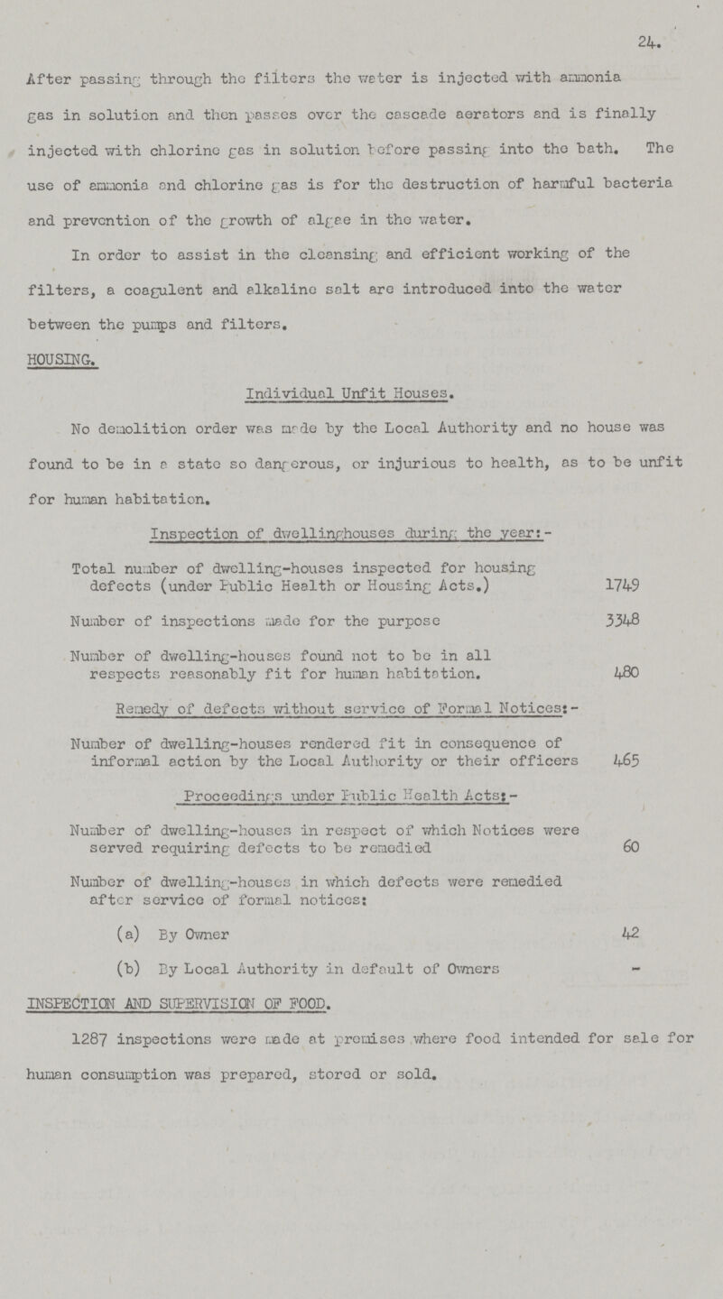 24. After passing through the filters the water is injected with ammonia gas in solution and then passes over the cascade aerators and is finally injected with chlorine gas in solution before passing into the bath. The use of ammonia and chlorine gas is for the destruction of harmful bacteria and prevention of the growth of algae in the water. In order to assist in the cleansing and efficient working of the filters, a coagulent and alkaline salt are introduced into the water between the pumps and filters, HOUSING. Individual Unfit Houses. No demolition order was made by the Local Authority and no house was found to be in a state so dangerous, or injurious to health, as to be unfit for human habitation. Inspection of dwellinrhouses during the years- Total number of dwelling-houses inspected for housing defects (under Public Health or Housing Acts.) 1749 Number of inspections made for the purpose 3348 Number of dwelling-houses found not to be in all respects reasonably fit for human habitation. 480 Remedy of defects without service of Formal Notices:- Number of dwelling-houses rendered fit in consequence of informal action by the Local Authority or their officers 463 Proceedings under Public Health Acts: Number of dwelling-houses in respect of which Notices were served requiring defects to be remedied 60 Number of dwelling-houses in which defects were remedied after service of formal notices: (a) By Owner 42 (b) By Local Authority in default of Owners INSPECTION AND SUPERVISION OF FOOD. 1287 inspections were made at premises where food intended for sale for human consumption was prepared, stored or sold.