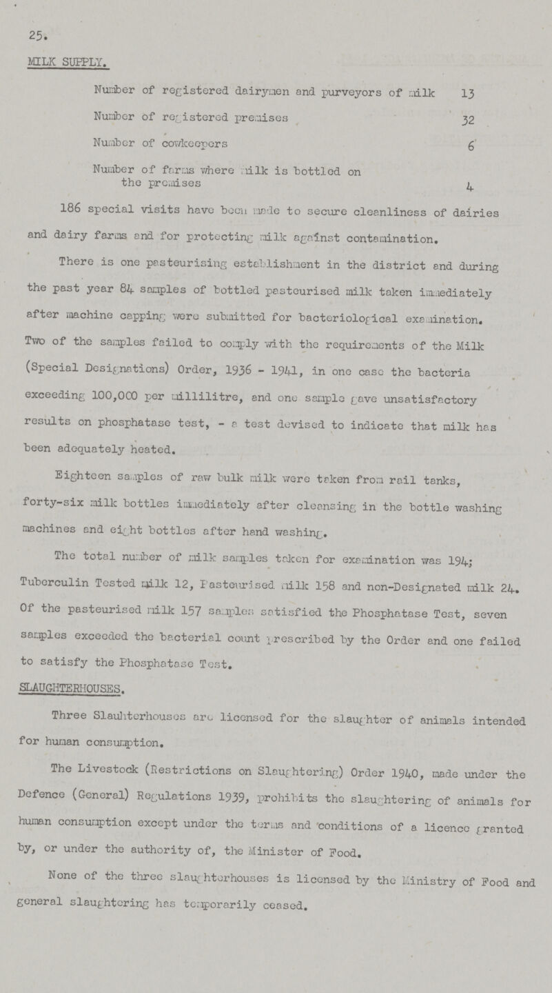 25. MILK SUPPLY. Number of registered dairymen and purveyors of milk 13 Number of rer istered premises 32 Number of cowkeepers 6 Number of faros where milk is bottled on the premises 4 186 special visits have been made to secure cleanliness of dairies and dairy farms and for protecting nilk against contamination. There is one pasteurising establishment in the district end during the past year 84 samples of bottled pasteurised milk taken immediately after machine capping were submitted for bacteriological examination. Two of the samples failed to comply with the requirements of the Milk (Special Designations) Order, 1936-1941, in one case the bacteria exceeding 100,000 per millilitre, and one sample gave unsatisfactory results on phosphatase test, - a test devised to indicate that milk has been adequately heated. Eighteen samples of raw bulk milk were taken from rail tanks, forty-six milk bottles immediately after cleansing in the bottle washing machines and eight bottles after hand washing. The total number of milk samples taken for examination was 194; Tuberculin Tested milk 12, Fasteurised nilk 158 and non-Designated milk 24. Of the pasteurised nilk 157 samples satisfied the Phosphatase Test, seven samples exceeded the bacterial count prescribed by the Order and one failed to satisfy the Phosphatase Test. SLAUGHTERHOUSES. Three Slauliterhouses are licensed for the slaughter of animals intended for human consumption. The Livestock (Restrictions on Slaughtering) Order 1940, made under the Defence (General) Regulations 1939, prohibits the slaughtering of animals for human consumption except under the terms and conditions of a licence granted by, or under the authority of, the Minister of Food. None of the three slaughterhouses is licensed by the Ministry of Pood and general slaughtering has temporarily ceased.