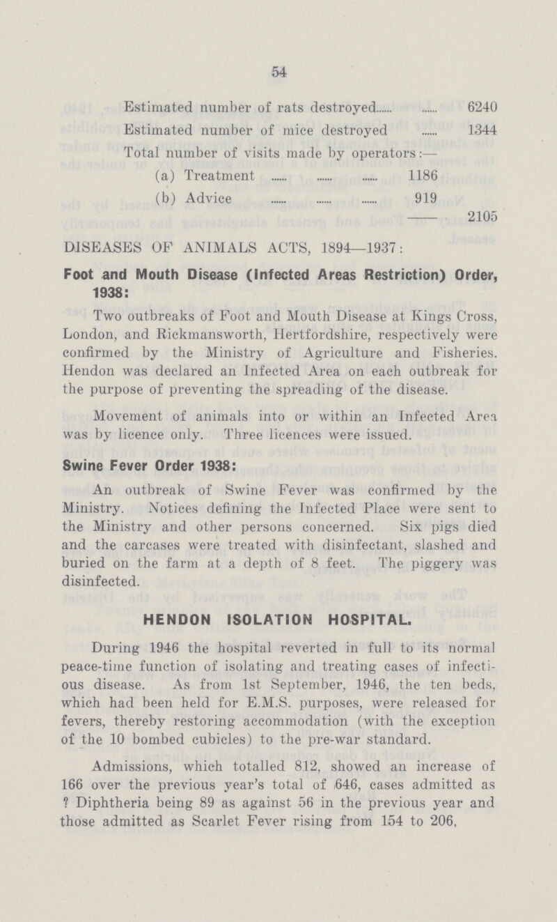 54 Estimated number of rats destroyed 240 Estimated number of mice destroyed 344 Total number of visits made by operators:— (a) Treatment 186 (b) Advice 19 2105 DISEASES OF ANIMALS ACTS, 1894—1937: Foot and Mouth Disease (Infected Areas Restriction) Order, 1938: Two outbreaks of Foot and Mouth Disease at Kings Cross, London, and Rickmansworth, Hertfordshire, respectively were confirmed by the Ministry of Agriculture and Fisheries. Hendon was declared an Infected Area on each outbreak for the purpose of preventing the spreading of the disease. Movement of animals into or within an Infected Area was by licence only. Three licences were issued. Swine Fever Order 1938: An outbreak of Swine Fever was confirmed by the Ministry. Notices defining the Infected Place were sent to the Ministry and other persons concerned. Six pigs died and the carcases were treated with disinfectant, slashed and buried on the farm at a depth of 8 feet. The piggery was disinfected. HENDON ISOLATION HOSPITAL. During 1946 the hospital reverted in full to its normal peace-time function of isolating and treating cases of infecti ous disease. As from 1st September, 1946, the ten beds, which had been held for E.M.S. purposes, were released for fevers, thereby restoring accommodation (with the exception of the 10 bombed cubicles) to the pre-war standard. Admissions, which totalled 812, showed an increase of 166 over the previous year's total of 646, cases admitted as ? Diphtheria being 89 as against 56 in the previous year and those admitted as Scarlet Fever rising from 154 to 206.