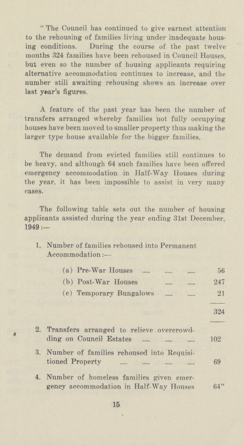 The Council has continued to give earnest attention to the rehousing of families living under inadequate hous ing conditions. During the course of the past twelve months 324 families have been rehoused in Council Houses, but even so the number of housing applicants requiring alternative accommodation continues to increase, and the number still awaiting rehousing shows an increase over last year's figures. A feature of the past year has been the number of transfers arranged whereby families not fully occupying houses have been moved to smaller property thus making the larger type house available for the bigger families. The demand from evicted families still continues to be heavy, and although 64 such families have been offered emergency accommodation in Half-Way Houses during the year, it has been impossible to assist in very many cases. The following table sets out the number of housing applicants assisted during the year ending 31st December, 1949:— 1. Number of families rehoused into Permanent Accommodation:— (a) Pre-War Houses 56 (b) Post-War Houses 247 (c) Temporarv Bungalows 21 324 2. Transfers arranged to relieve overcrowd ding on Council Estates 102 3. Number of families rehoused into Requisi tioned Property 69 4. Number of homeless families given emer gency accommodation in Half-Way Houses 64 15