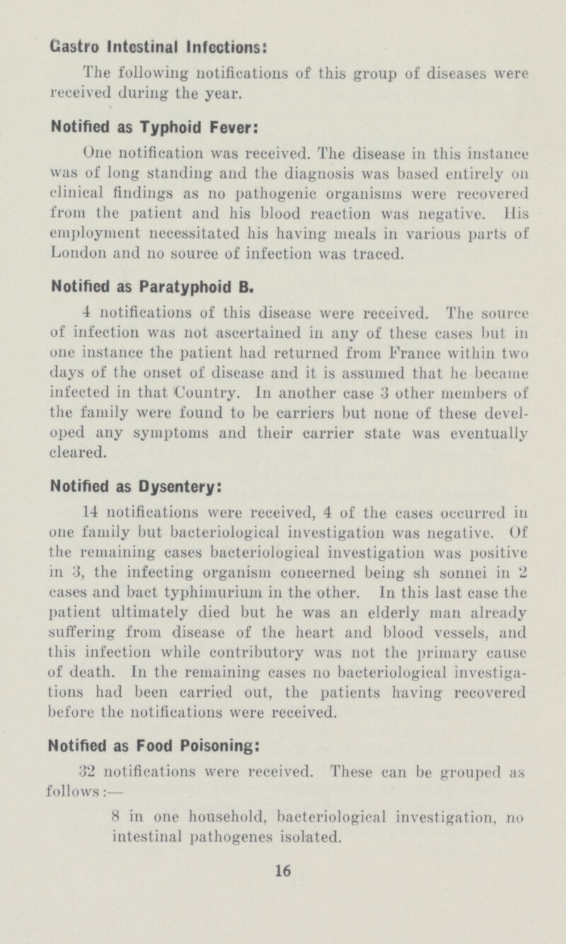 Castro Intestinal Infections: The following notifications of this group of diseases were received during the year. Notified as Typhoid Fever: One notification was received. The disease in this instance was of long standing and the diagnosis was based entirely on clinical findings as no pathogenic organisms were recovered from the patient and his blood reaction was negative. His employment necessitated his having meals in various parts of London and no source of infection was traced. Notified as Paratyphoid B. 4 notifications of this disease were received. The source of infection was not ascertained in any of these cases but in one instance the patient had returned from France within two days of the onset of disease and it is assumed that he became infected in that Country. In another case 3 other members of the family were found to be carriers but none of these devel oped any symptoms and their carrier state was eventually cleared. Notified as Dysentery: 14 notifications were received, 4 of the cases occurred in one family but bacteriological investigation was negative. Of the remaining cases bacteriological investigation was positive in 3, the infecting organism concerned being sh sonnei in 2 eases and bact typhimurium in the other. In this last case the patient ultimately died but he was an elderly man already suffering from disease of the heart and blood vessels, and this infection while contributory was not the primary cause of death. In the remaining cases no bacteriological investiga tions had been carried out, the patients having recovered before the notifications were received. Notified as Food Poisoning: 32 notifications were received. These can be grouped as follows:— 8 in one household, bacteriological investigation, no intestinal pathogenes isolated. 16