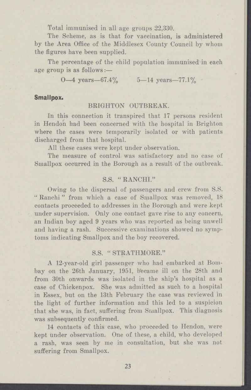 Total immunised in all age groups .22,330. The Scheme, as is that for vaccination, is administered by the Area Office of the Middlesex County Council by whom the figures have been supplied. The percentage of the child population immunised in each age group is as follows:— 0—4 years—67.4% 5—14 years—77.1% Smallpox. BRIGHTON OUTBREAK. In this connection it transpired that 17 persons resident in Hendon had been concerned with the hospital in Brighton where the cases were temporarily isolated or with patients discharged from that hospital. All these cases were kept under observation. The measure of control was satisfactory and no case of Smallpox occurred in the Borough as a result of the outbreak. S,S.  RANCHI. Owing to the dispersal of passengers and crew from S.S.  Ranchi  from which a case of Smallpox was removed, 18 contacts proceeded to addresses in the Borough and were kept under supervision. Only one contact gave rise to any concern, an Indian boy aged 9 years who was reported as being unwell and having a rash. Successive examinations showed no symp toms indicating Smallpox and the boy recovered. S.S.  STRATHMORE. A 12-year-old girl passenger who had embarked at Bom bay on the 26th January, 1951, became ill on the 28th and from 30th onwards was isolated in the ship's hospital as a case of Chickenpox. She was admitted as such to a hospital in Essex, but on the 13th February the case was reviewed in the light of further information and this led to a suspicion that she was, in fact, suffering from Smallpox. This diagnosis was subsequently confirmed. 14 contacts of this case, who proceeded to Hendon, were kept under observation. One of these, a child, who developed a rash, was seen by me in consultation, but she was not suffering from Smallpox. 23