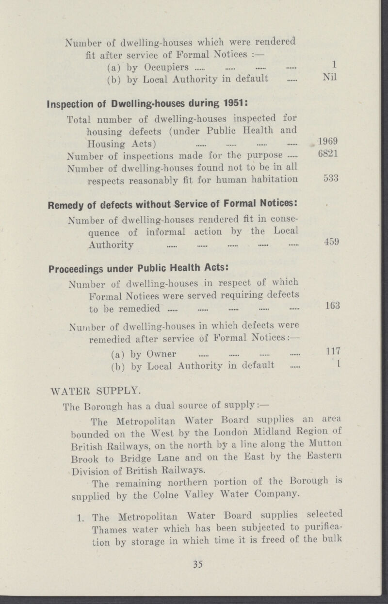 Number of dwelling-houses which were rendered fit after service of Formal Notices :— (a) by Occupiers 1 (b) by Local Authority in default Nil Inspection of Dwelling-houses during 1951: Total number of dwelling-houses inspected for housing defects (under Public Health and Housing Acts) 1969 Number of inspections made for the purpose 6821 Number of dwelling-houses found not to be in all respects reasonably fit for human habitation 533 Remedy of defects without Service of Formal Notices: Number of dwelling-houses rendered fit in conse quence of informal action by the Local Authority 459 Proceedings under Public Health Acts: Number of dwelling-houses in respect of which Formal Notices were served requiring defects to be remedied 163 Number of dwelling-houses in which defects were remedied after service of Formal Notices:— (a) by Owner 117 (b) by Local Authority in default 1 WATER SUPPLY. The Borough has a dual source of supply:— The Metropolitan Water Board supplies an area bounded on the West by the London Midland Region of British Railways, on the north by a line along the Mutton Brook to Bridge Lane and on the East by the Eastern Division of British Railways. The remaining northern portion of the Borough is supplied by the Colne Valley Water Company. 1. The Metropolitan Water Board supplies selected Thames water which has been subjected to purifica tion by storage in which time it is freed of the bulk 35