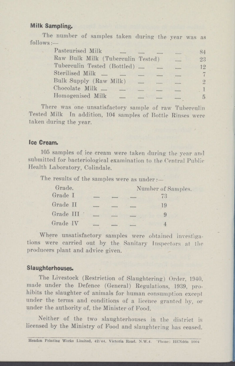 Milk Sampling. The number of samples taken during the year was as follows:— Pasteurised Milk 84 Raw Bulk Milk (Tuberculin Tested) 23 Tuberculin Tested (Bottled) 12 Sterilised Milk 7 Bulk Supply (Raw Milk) 2 Chocolate Milk 1 Homogenised Milk 5 There was one unsatisfactory sample of raw Tuberculin Tested Milk In addition, 104 samples of Bottle Rinses were taken during the year. Ice Cream. 105 samples of ice cream were taken during the year and submitted for bacteriological examination to the Central Public Health Laboratory, Colindale. The results of the samples were as under:— Grade. Number of Samples. Grade I 73 Grade II 19 Grade III 9 Grade IV 4 Where unsatisfactory samples were obtained investiga tions were carried out by the Sanitary Inspectors at the producers plant and advice given. Slaughterhouses. The Livestock (Restriction of Slaughtering) Order, 1940, made under the Defence (General) Regulations, 1939, pro hibits the slaughter of animals for human consumption except under the terms and conditions of a licence granted by, or under the authority of, the Minister of Food. Neither of the two slaughterhouses in the district is licensed by the Ministry of Food and slaughtering has ceased. Hendon Printing Works Limited, 42/44, Victoria Road, N.W.4. 'Phone: IIENddn 1004