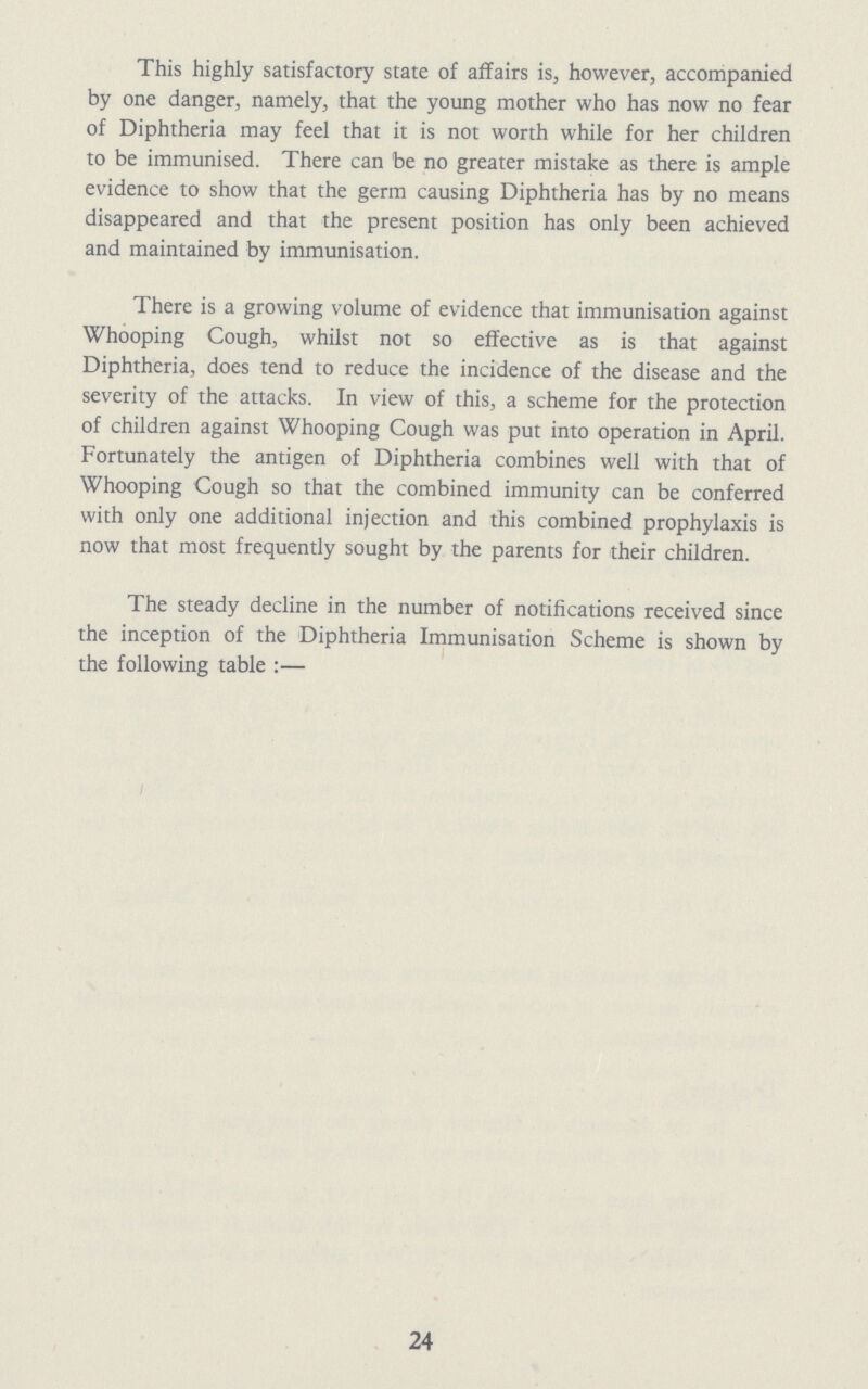 This highly satisfactory state of affairs is, however, accompanied by one danger, namely, that the young mother who has now no fear of Diphtheria may feel that it is not worth while for her children to be immunised. There can be no greater mistake as there is ample evidence to show that the germ causing Diphtheria has by no means disappeared and that the present position has only been achieved and maintained by immunisation. There is a growing volume of evidence that immunisation against Whooping Cough, whilst not so effective as is that against Diphtheria, does tend to reduce the incidence of the disease and the severity of the attacks. In view of this, a scheme for the protection of children against Whooping Cough was put into operation in April. Fortunately the antigen of Diphtheria combines well with that of Whooping Cough so that the combined immunity can be conferred with only one additional injection and this combined prophylaxis is now that most frequently sought by the parents for their children. The steady decline in the number of notifications received since the inception of the Diphtheria Immunisation Scheme is shown by the following table :— 24