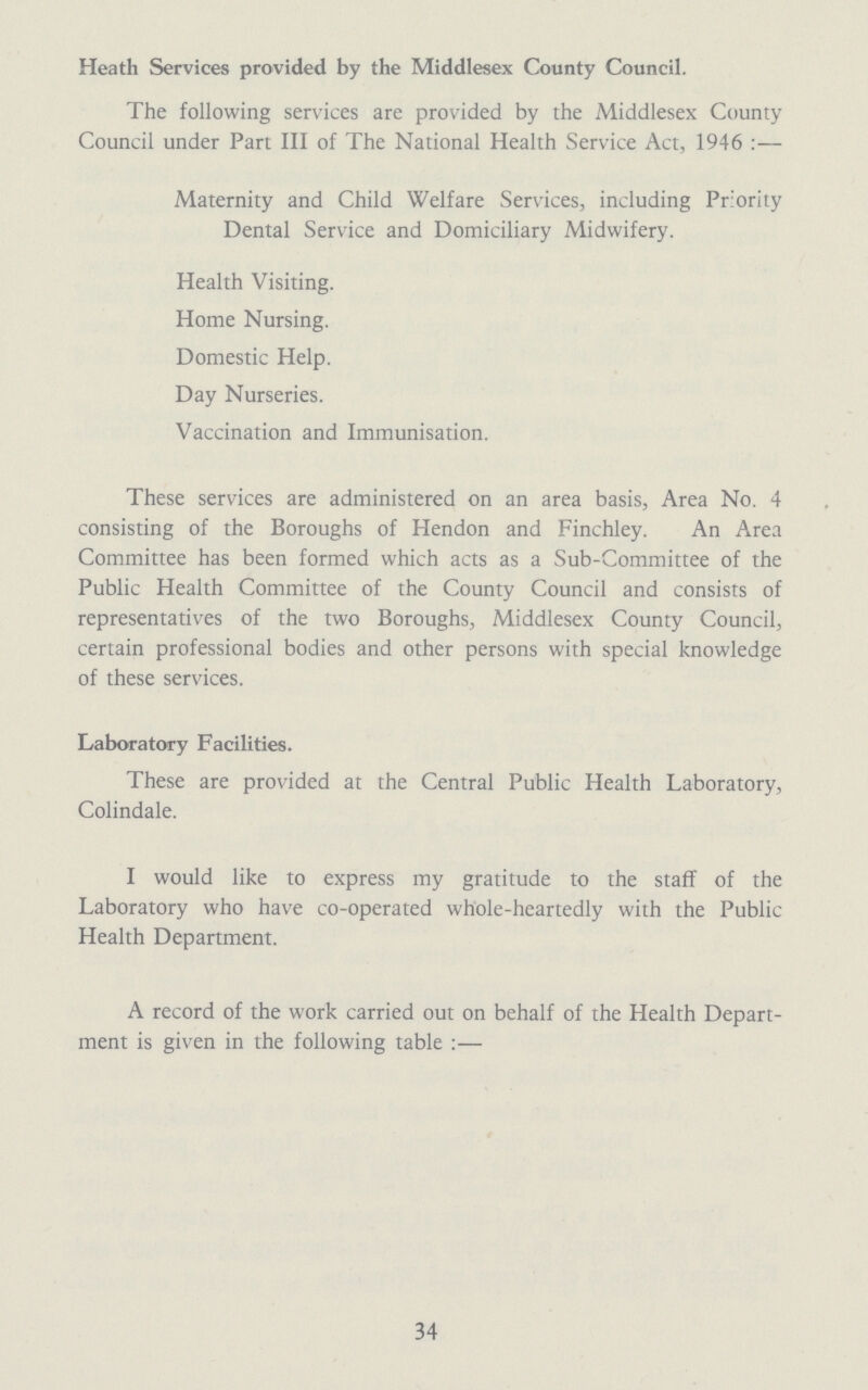 Heath Services provided by the Middlesex County Council. The following services are provided by the Middlesex County Council under Part III of The National Health Service Act, 1946:— Maternity and Child Welfare Services, including Priority Dental Service and Domiciliary Midwifery. Health Visiting. Home Nursing. Domestic Help. Day Nurseries. Vaccination and Immunisation. These services are administered on an area basis, Area No. 4 consisting of the Boroughs of Hendon and Finchley. An Area Committee has been formed which acts as a Sub-Committee of the Public Health Committee of the County Council and consists of representatives of the two Boroughs, Middlesex County Council, certain professional bodies and other persons with special knowledge of these services. Laboratory Facilities. These are provided at the Central Public Health Laboratory, Colindale. I would like to express my gratitude to the staff of the Laboratory who have co¬operated whole-heartedly with the Public Health Department. A record of the work carried out on behalf of the Health Depart ment is given in the following table:— 34