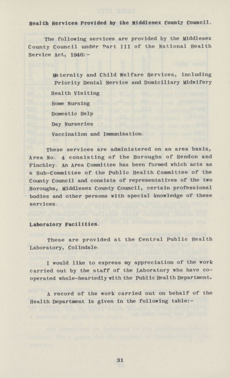 Health Services Provided by the Middlesex County Council. The following services are provided by the Middlesex County Council under Part III of the National Health Service Act, 1946:- Maternity and Child Welfare Services, including Priority Dental Service and Domiciliary Midwifery Health Visiting Home Nursing Domestic Help Day Nurseries Vaccination and Immunisation These services are administered on an area basis, Area No. 4 consisting of the Boroughs of Hendon and Finchley. An Area Committee has been formed which acts as a Sub-Committee of the Public Health Committee of the County Council and consists of representatives of the two Boroughs, Middlesex County Council, certain professional bodies and other persons with special knowledge of these services. Laboratory Facilities. These are provided at the Central Public Health Laboratory, Colindale. I would like to express my appreciation of the work carried out by the staff of the Laboratory who have co operated whole-heartedly with the Public Health Department. A record of the work carried out on behalf of the Health Department is given in the following table:- 31