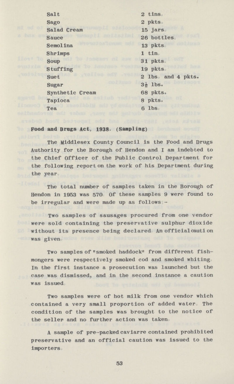 Salt 2 tins. Sago 2 pkts. Salad Cream 15 jars. Sauce 26 bottles. Semolina 13 pkts. Shrimps 1 tin. Soup 31 pktS. Stuffing 19 pkts. Suet 2 lbs. and 4 pkts. Sugar 3½ lbs. Synthetic Cream 68 pkts. Tapioca 8 pkts. Tea 6 lbs. Food and Drugs Act, 1938. (Sampling) The Middlesex County Council is the Food and Drugs Authority for the Borough of Hendon and I am indebted to the Chief Officer of the Public Control Department for the following report on the work of his Department during the year. The total number of samples taken in the Borough of Hendon in 1953 was 570. Of these samples 9 were found to be irregular and were made up as follows:- Two samples of sausages procured from one vendor were sold containing the preservative sulphur dioxide without its presence being declared An official caution was given. Two samples of smoked haddock from different fish mongers were respectively smoked cod and smoked whiting. In the first instance a prosecution was launched but the case was dismissed, and in the second Instance a caution was issued. Two samples were of hot milk from one vendor which contained a very small proportion of added water The condition of the samples was brought to the notice of the seller and no further action was taken. A sample of pre-packed caviarre contained prohibited preservative and an official caution was issued to the importers. 53