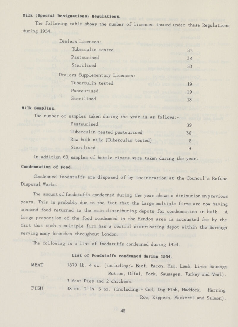 Milk (Special Designations) Regulations. The following table shows the number of licences issued under these Regulations during 1954 Dealers Licences: Tuberculin tested 35 Pasteurised 34 Sterilised 33 Dealers Supplementary Licences: Tuberculin tested 19 Pasteurised 19 Sterilised 18 Milk Sampling The number of samples taken during the year is as follows:- Pasteurised 39 Tuberculin tested pasteurised 38 Raw bulk milk (Tuberculin tested) 8 Sterilised 9 In addition 60 samples of bottle rinses were taken during the year. Condemnation of Food Condemned foodstuffs are disposed of by incineration at the Council's Refuse Disposal Works The amount of foodstuffs condemned during the year shows a diminution onprevious years Ths is probably due to the fact that the large multiple firms are now having unsound food returned to the main distributing depots for condemnation in bulk. A large proport on of the food condemned in the Hendon area is accounted for by the fact that such a multiple firm has a central distributing depot within the Borough serving many branches throughout London. The following is a list of foodstuffs condemned during 1954 List of Foodstuffs condemned during 1954 MEAT 1879 lb 4 oz. (including:- Beef, Bacon, Ham, Lamb, Liver Sausage Mutton, Offal, Pork, Sausages Turkey and Veal) 3 Meat Pies and 2 chickens FISH 38 st 2 lb 6 oz. (including: - Cod, Dog Fish, Haddock, Herring Roe, Kippers, Mackerel and Salmon). 48