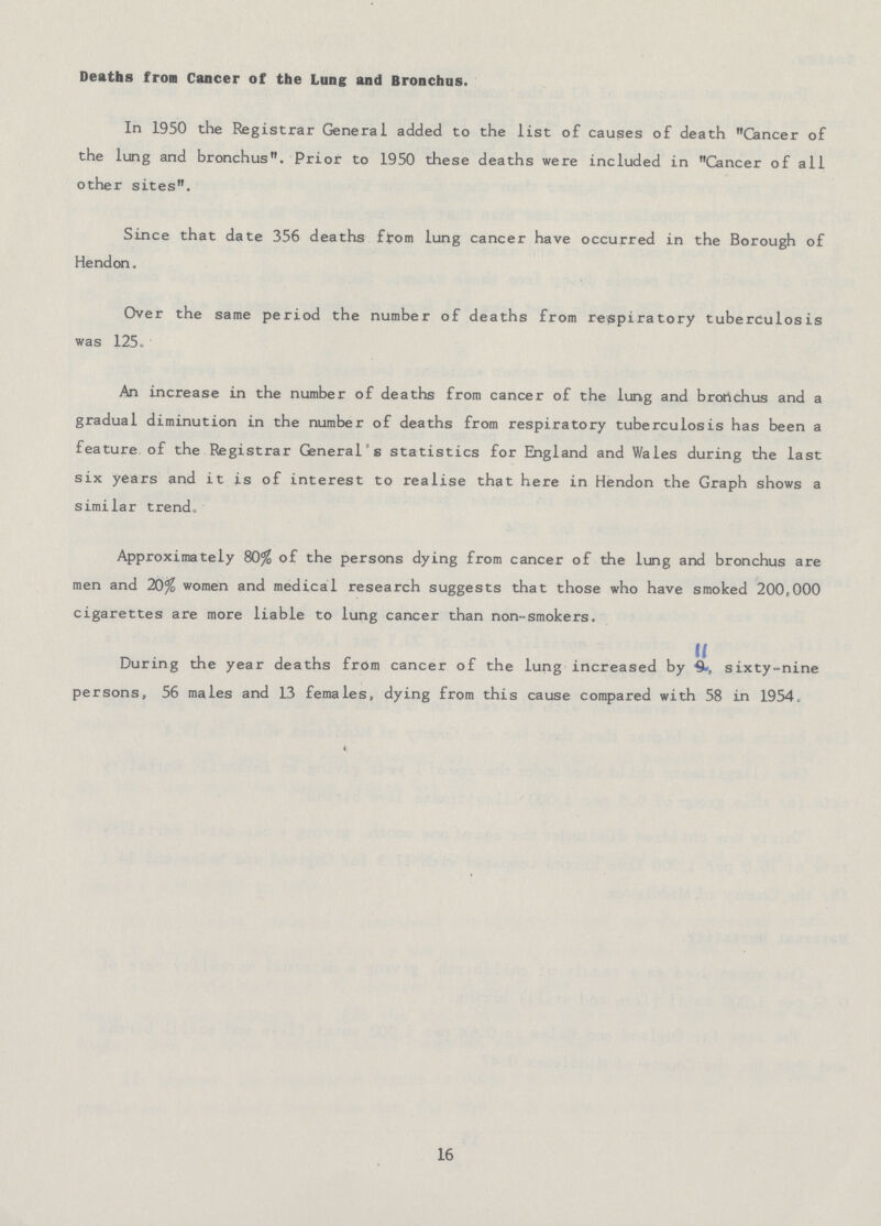 Deaths from Cancer of the Lung and Bronchus. In 1950 the Registrar General added to the list of causes of death Cancer of the lung and bronchus. Prior to 1950 these deaths were included in Cancer of all other sites. Since that date 356 deaths from lung cancer have occurred in the Borough of Hendon. Over the same period the number of deaths from respiratory tuberculosis was 125. An increase in the number of deaths from cancer of the lung and bronchus and a gradual diminution in the number of deaths from respiratory tuberculosis has been a feature of the Registrar General's statistics for England and Wales during the last six years and it is of interest to realise that here in Hendon the Graph shows a similar trend. Approximately 80% of the persons dying from cancer of the lung and bronchus are men and 20% women and medical research suggests that those who have smoked 200,000 cigarettes are more liable to lung cancer than non-smokers. During the year deaths from cancer of the lung increased by 9. sixty-nine persons, 56 males and 13 females, dying from this cause compared with 58 in 1954, 16