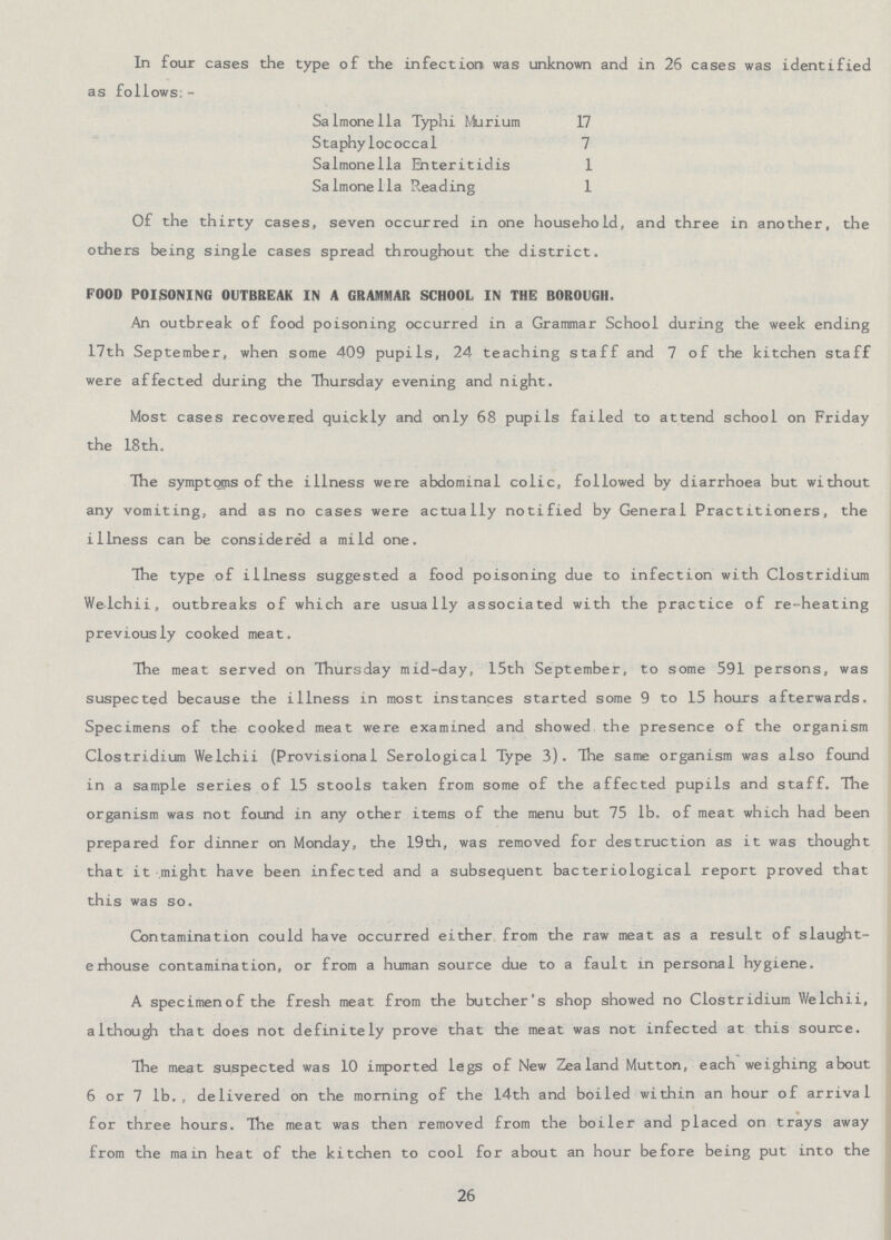 In four cases the type of the infection was unknown and in 26 cases was identified as follows:- Salmonella Typhi Murium 17 Staphylococcal 7 Salmonella Enteritidis 1 Salmonella Reading 1 Of the thirty cases, seven occurred in one household, and three in another, the others being single cases spread throughout the district. FOOD POISONING OUTBREAK IN A GRAMMAR SCHOOL IN THE BOROUGH. An outbreak of food poisoning occurred in a Grammar School during the week ending 17th September, when some 409 pupils, 24 teaching staff and 7 of the kitchen staff were affected during the Thursday evening and night. Most cases recovered quickly and only 68 pupils failed to attend school on Friday the 18 th. The symptoms of the illness were abdominal colic, followed by diarrhoea but without any vomiting, and as no cases were actually notified by General Practitioners, the illness can be considered a mild one. The type of illness suggested a food poisoning due to infection with Clostridium Welchii, outbreaks of which are usually associated with the practice of re-heating previously cooked meat. The meat served on Thursday mid-day, 15th September, to some 591 persons, was suspected because the illness in most instances started some 9 to 15 hours afterwards. Specimens of the cooked meat were examined and showed the presence of the organism Clostridium Welchii (Provisional Serological Type 3). The same organism was also found in a sample series of 15 stools taken from some of the affected pupils and staff. The organism was not found in any other items of the menu but 75 lb. of meat which had been prepared for dinner on Monday, the 19th, was removed for destruction as it was thought that it might have been infected and a subsequent bacteriological report proved that this was so. Contamination could have occurred either from the raw meat as a result of slaught erhouse contamination, or from a human source due to a fault in personal hygiene. A specimenof the fresh meat from the butcher's shop showed no Clostridium Welchii, although that does not definitely prove that the meat was not infected at this source. The meat suspected was 10 imported lsgs of New Zealand Mutton, each weighing about 6 or 7 lb., delivered on the morning of the 14th and boiled within an hour of arrival for three hours. The meat was then removed from the boiler and placed on trays away from the main heat of the kitchen to cool for about an hour before being put into the 26