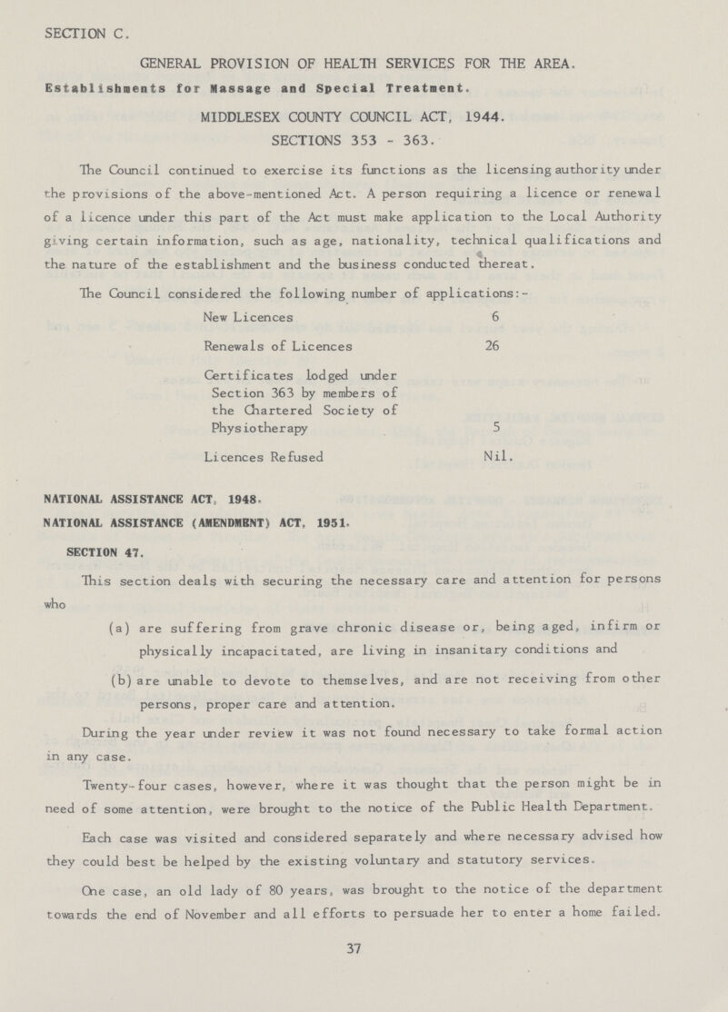 section c. general provision of health services for the area. Establishments for Massage and Special Treatment. middlesex county council act, 1944. sections 353 - 363. The Council continued to exercise its functions as the licensing authority under the provisions of the above-mentioned Act. A person requiring a licence or renewal of a licence under this part of the Act must make application to the Local Authority giving certain information, such as age, nationality, technical qualifications and the nature of the establishment and the business conducted thereat. The Council considered the following number of applications: New Licences 6 Renewals of Licences 26 Certificates lodged under Section 363 by members of the Chartered Society of Physiotherapy 5 Licences Refused Nil. NATIONAL ASSISTANCE ACT- 1948- NATIONAL ASSISTANCE (AMENDMENT) ACT, 1951. SECTION 47. This section deals with securing the necessary care and attention for persons who (a) are suffering from grave chronic disease or, being aged, infirm or physically incapacitated, are living in insanitary conditions and (b) are unable to devote to themselves, and are not receiving from other persons, proper care and attention. During the year under review it was not found necessary to take formal action in any case. Twenty-four cases, however, where it was thought that the person might be in need of some attention, were brought to the notice of the Public Health Department. Each case was visited and considered separately and where necessary advised how they could best be helped by the existing voluntary and statutory services. Che case, an old lady of 80 years, was brought to the notice of the department towards the end of November and all efforts to persuade her to enter a home failed. 37