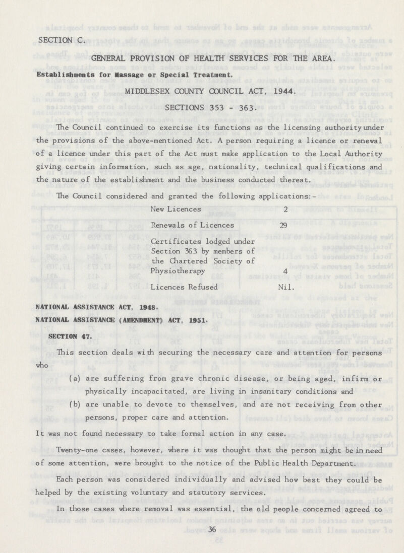 SECTION C. GENERAL PROVISION OF HEALTH SERVICES FOR THE AREA. Establishments for Massage or Special Treatment. MIDDLESEX COUNTY COUNCIL ACT, 1944. SECTIONS 353 - 363. The Council continued to exercise its functions as the licensing authority under the provisions of the above-mentioned Act. A person requiring a licence or renewal of a licence under this part of the Act must make application to the Local Authority giving certain information, such as age, nationality, technical qualifications and the nature of the establishment and the business conducted thereat. The Council considered and granted the following applications:- New Licences 2 Renewals of Licences 29 Certificates lodged under Section 363 by members of the Chartered Society of Physiotherapy 4 Licences Refused Nil. NATIONAL ASSISTANCE ACT, 1948. NATIONAL ASSISTANCE (AMENDMENT}) ACT, 1951. SECTION 47. This section deals with securing the necessary care and attention for persons who (a) are suffering from grave chronic disease, or being aged, infirm or physically incapacitated, are living in insanitary conditions and (b) are unable to devote to themselves, and are not receiving from other persons, proper care and attention. It was not found necessary to take formal action in any case. Twenty-one cases, however, where it was thought that the person might be in need of some attention, were brought to the notice of the Public Health Department. Each person was considered individually and advised how best they could be helped by the existing voluntary and statutory services. In those cases where removal was essential, the old people concerned agreed to 36