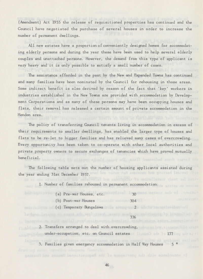 (Amendment) Act 1955 the release of requisitioned properties has continued and the Council have negotiated the purchase of several houses in order to increase the number of permanent dwellings. All new estates have a proportion of conveniently designed homes for accommodat ing elderly persons and during the year these have been used to help several elderly couples and unattached persons. However, the demand from this type of applicant is very heavy and it is only possible to satisfy a small number of cases. The assistance afforded in the past by the New and Expanded Towns has continued and many families have been nominated by the Council for rehousing in those areas. Some indirect benefit is also derived by reason of the fact that 'key' workers in industries established in the New Towns are provided with accommodation by Develop ment Corporations and as many of these persons may have been occupying houses and flats, their removal has released a certain amount of private accommodation in the Hendon area. The policy of transferring Council tenants living in accommodation in excess of their requirements to smaller dwellings, has enabled the larger type of houses and flats to be re-let to bigger families and has relieved many cases of overcrowding. Every opportunity has been taken to co-operate with other local authorities and private property owners to secure exchanges of tenancies which have proved mutually beneficial. The following table sets out the number of housing applicants assisted during the year ending 31st December 1957. 1. Number of families rehoused in permanent accommodation, (a) Pre-war Houses, etc. 30 (b) Post-war Houses 304 (c) Temporary Bungalows 2 336 2. Transfers arranged to deal with overcrowding, under-occupation, etc. on Council estates 177 3. Families given emergency accommodation in Half Way Houses 5 46