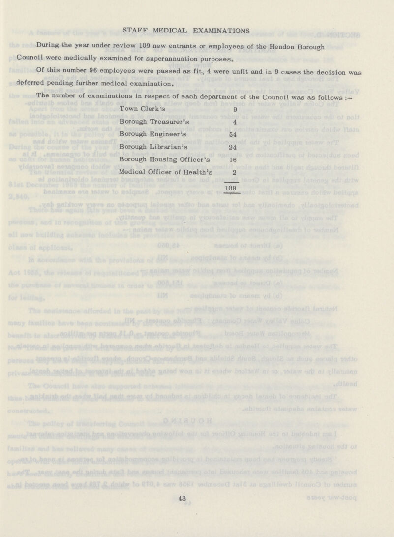STAFF MEDICAL EXAMINATIONS During the year under review 109 new entrants or employees of the Hendon Borough Council were medically examined for superannuation purposes. Of this number 96 employees were passed as fit, 4 were unfit and in 9 cases the decision was deferred pending further medical examination. The number of examinations in respect of each department of the Council was as follows:- Town Clerk's 9 Borough Treasurer's 4 Borough Engineer's 54 Borough Librarian's 24 Borough Housing Officer's 16 Medical Officer of Health's 2 109 43