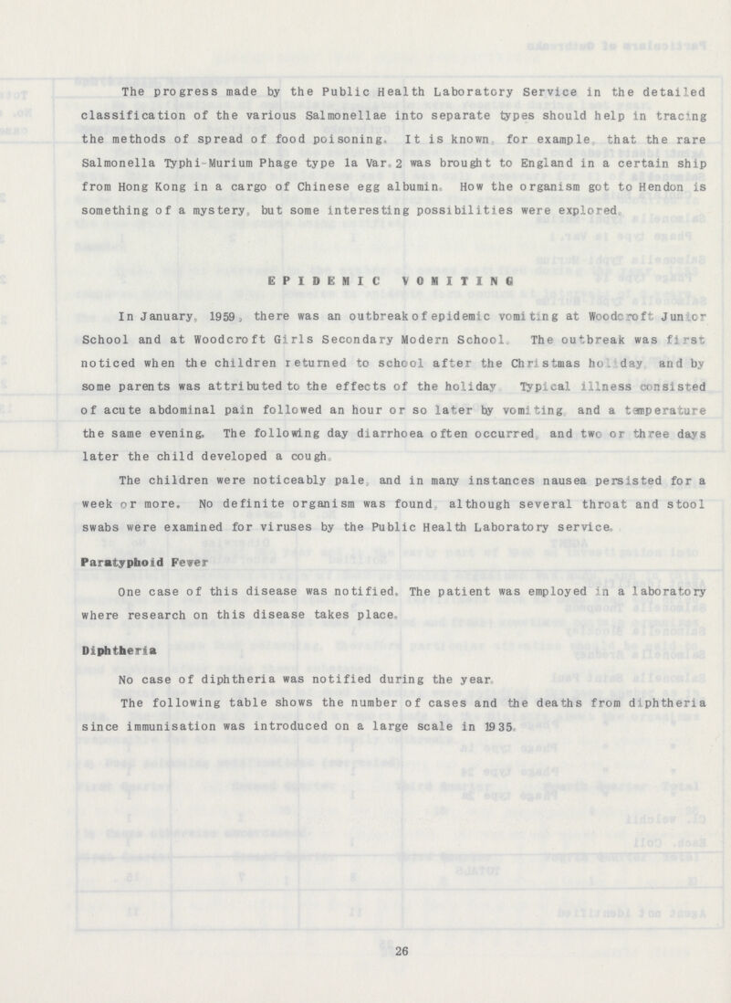 The progress made by the Public Health Laboratory Service in the detailed classification of the various Salmonellae into separate types should help in tracing the methods of spread of food poisoning. It is known for example that the rare Salmonella Typhi-Murium Phage type la Var, 2 was brought to England in a certain ship from Hong Kong in a cargo of Chinese egg albumin,, How the organism got to Hendon is something of a mystery but some interesting possibilities were explored EPIDEMIC VOMITING In January, 1959, there was an outbreak of epidemic vomiting at Wooderoft Junior School and at Wooderoft Girls Secondary Modern School. The outbreak was first noticed when the children returned to school after the Christmas holiday and by some parents was attributed to the effects of the holiday Typical illness consisted of acute abdominal pain followed an hour or so later by vomiting and a temperature the same evening. The following day diarrhoea often occurred and two or three days later the child developed a cough The children were noticeably pale, and in many instances nausea persisted for a week or more. No definite organism was found although several throat and stool swabs were examined for viruses by the Public Health Laboratory service, Paratyphoid Fever One case of this disease was notified. The patient was employed in a laboratory where research on this disease takes place. Diphtheria No case of diphtheria was notified during the year, The following table shows the number of cases and the deaths from diphtheria since immunisation was introduced on a large scale in 1935 26