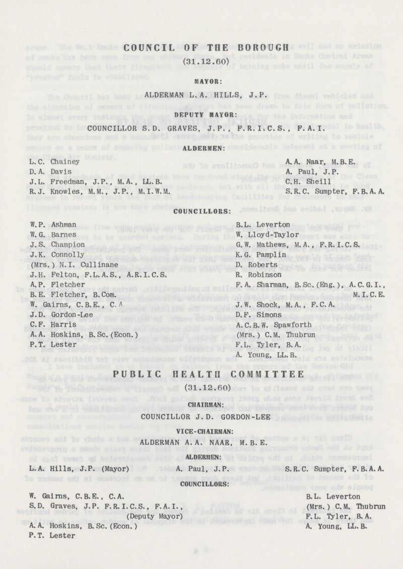 COUNCIL OF THE BOROUGH (31.12.60) MAYOR: ALDERMAN L.A. HILLS, J.P. DEPUTY MAYOR: COUNCILLOR S. D. GRAVES, J. P. , P. R. I. C. S. , F.A.I. ALDERMEN: L. C. Chainey D. A. Davis J.L. Freedman, J. P., M. A., LL. B. R.J. Knowles, M.M., J. P., M.I.W.M. A. A. Naar, M. B. E. A. Paul, J.P. C.H. Sheill S. R. C. Sumpter, F. B. A. A. COUNCILLORS: W. P. Ashman W. G. Barnes J. S. Champion J.K. Connolly (Mrs.) N.I. Cull inane J.H. Felton, F.L. A. S., A.R. I.C.S. A.P. Fletcher B. E. Fletcher, B. Com. W. Gairns, C. B. E., C. A J.D. Gordon-Lee C. F. Harris A. A. Hoskins, B. Sc. (Econ.) P.T. Lester B.L. Leverton W. Lloyd-Taylor G. W. Mathews, M. A., F.R. I.C.S. K. G. Pamplin D. Roberts R. Robinson F. A. Sharman, B.Sc. (Eng.), A. C.G.I., M. I.C.E. J.W. Shock, M. A., F.C.A. D. F. Simons A. C. B. W. Spawforth (Mrs.) C.M. Thubrun F.L. Tyler, B.A. A. Young, LL. B. PUBLIC HEALTH COMMITTEE (31.12.60) CHAIRMAN: COUNCILLOR J.D. GORDON-LEE VICE-CHAIRMAN: ALDERMAN A. A. NAAR, M. B. E. ALDERMEN: L.A. Hills, J.P. (Mayor) A. Paul, J. P. S. R. C. Sumpter, F. B. A. A. COUNCILLORS: W, Gairns, C.B.E., C. A. S.D. Graves, J.P. F.R. I.C.S., F.A. I., (Deputy Mayor) A. A. Hoskins, B. Sc. (Econ.) P.T. Lester B. L. Leverton (Mrs.) C. M. Thubrun F.L. Tyler, B.A. A. Young, LL. B.