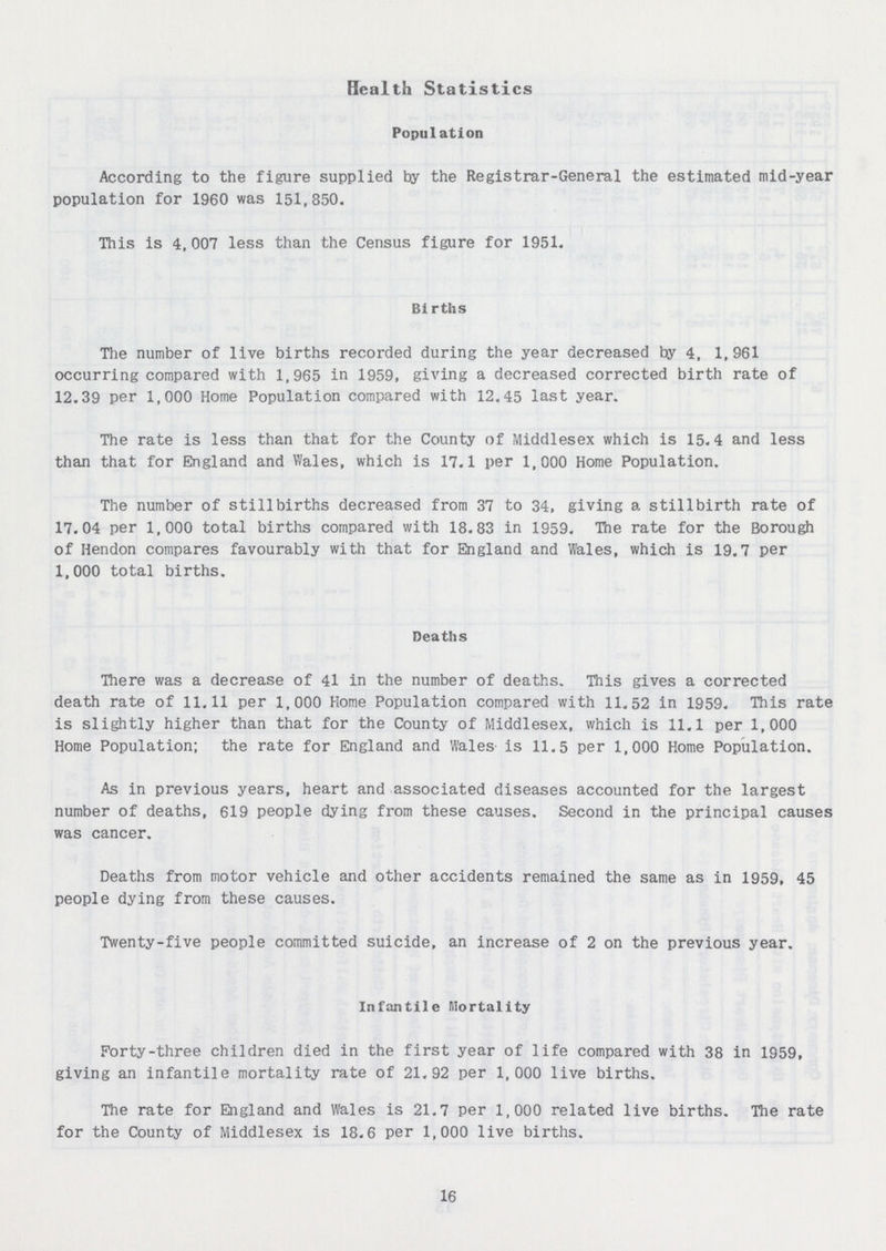 Health Statistics Population According to the figure supplied by the Registrar-General the estimated mid-year population for 1960 was 151,850. This is 4,007 less than the Census figure for 1951. Births The number of live births recorded during the year decreased by 4, 1,961 occurring compared with 1,965 in 1959, giving a decreased corrected birth rate of 12.39 per 1,000 Home Population compared with 12.45 last year. The rate is less than that for the County of Middlesex which is 15.4 and less than that for England and Wales, which is 17.1 per 1,000 Home Population. The number of stillbirths decreased from 37 to 34, giving a stillbirth rate of 17.04 per 1,000 total births compared with 18.83 in 1959. The rate for the Borough of Hendon compares favourably with that for England and Wales, which is 19.7 per 1,000 total births. Deaths There was a decrease of 41 in the number of deaths. This gives a corrected death rate of 11.11 per 1,000 Home Population compared with 11.52 in 1959. This rate is slightly higher than that for the County of Middlesex, which is 11.1 per 1,000 Home Population; the rate for England and Wales is 11.5 per 1,000 Home Population. As in previous years, heart and associated diseases accounted for the largest number of deaths, 619 people dying from these causes. Second in the principal causes was cancer. Deaths from motor vehicle and other accidents remained the same as in 1959, 45 people dying from these causes. Twenty-five people committed suicide, an increase of 2 on the previous year. Infantile Mortality Forty-three children died in the first year of life compared with 38 in 1959, giving an infantile mortality rate of 21.92 per 1,000 live births. The rate for England and Wales is 21.7 per 1,000 related live births. The rate for the County of Middlesex is 18.6 per 1,000 live births. 16