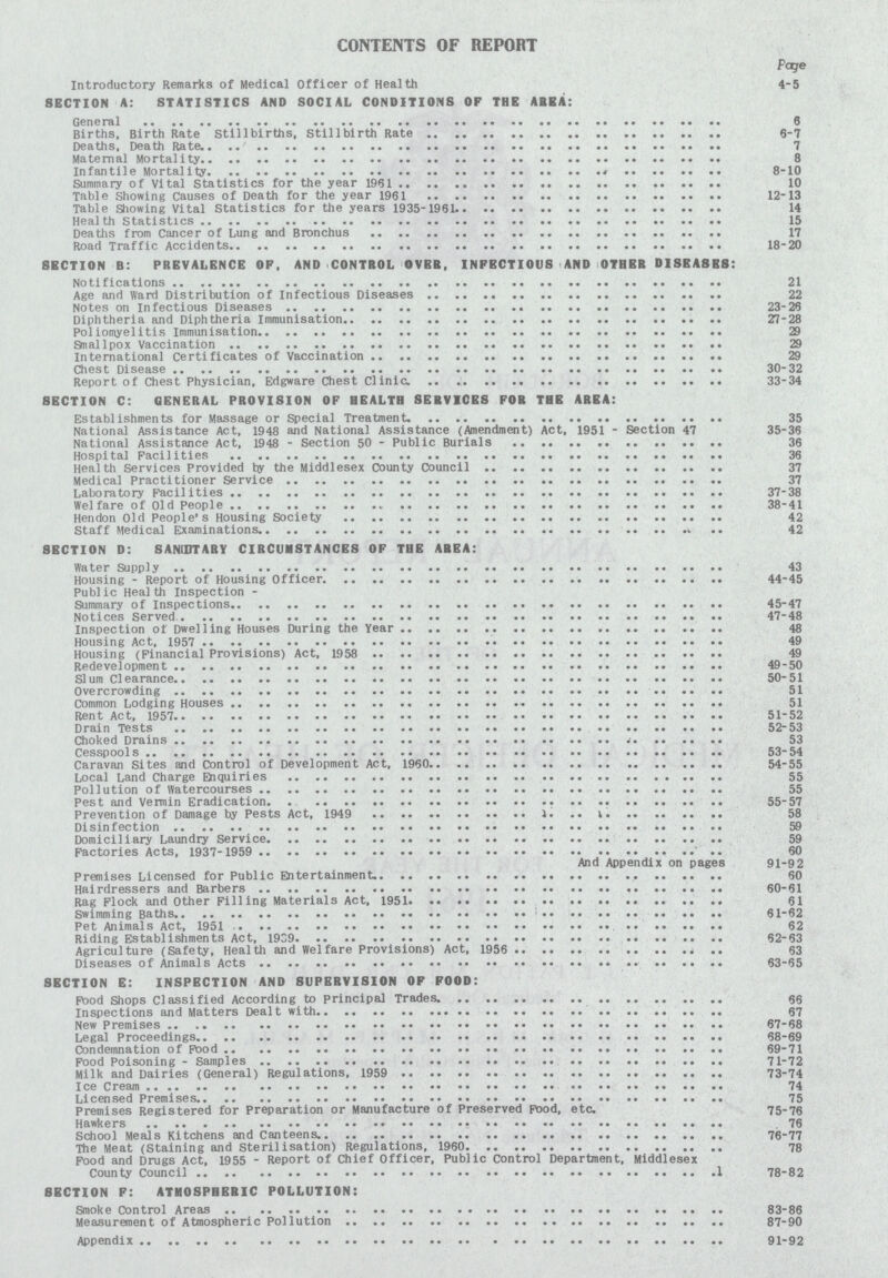 CONTENTS OF REPORT Pane Introductory Remarks of Medical officer of Health 4-5 SECTION A: STATISTICS AND SOCIAL CONDITIONS OF THE ABBA: General 6 Births, Birth Rate Stillbirths, Stillbirth Rate 6-7 Deaths, Death Rate 7 Maternal Mortality 8 Infantile Mortality 8-10 Summary of Vital Statistics for the year 1961 10 Table Showing Causes of Death for the year 1961 12-13 Table Showing Vital Statistics for the years 1935-1961 14 Health Statistics 15 Deaths from Cancer of Lung and Bronchus 17 Road Traffic Accidents 18-20 SECTION B: PREVALENCE OF, AND CONTROL OVER, INFECTIOUS AND OTHER DISEASES: Notifications 21 Age and Ward Distribution of Infectious Diseases 22 Notes on Infectious Diseases 23-26 Diphtheria and Diphtheria Immunisation 27-28 Poliomyelitis Immunisation 29 Snallpox Vaccination 29 International Certificates of Vaccination 29 Chest Disease 30-32 Report of Chest Physician, Edgware Chest Clinic. 33-34 SECTION C: GENERAL PROVISION OF HEALTH SERVICES FOB THE AREA: Establishments for Massage or Special Treatment. 35 National Assistance Act, 1948 and National Assistance (Amendment) Act, 1951 - Section 47 35-36 National Assistance Act, 1948 - Section 50 - Public Burials 36 Hospital Facilities 36 Health Services Provided by the Middlesex County Council 37 Medical Practitioner Service 37 Laboratory Facilities 37-38 Welfare of Old People 38-41 Hendon Old people's Housing Society 42 Staff Medical Examinations 42 SECTION D: SANIDTARY CIRCUMSTANCES OF THE AREA: Water Supply 43 Housing-Report of Housing Officer 44-45 Public Health Inspection - Summary of Inspections 45-47 Notices Served 47-48 Inspection of Dwelling Houses During the Year 48 Housing Act, 1957 49 Housing (Financial Provisions) Act. 1958 49 Redevelopment 49-50 Slum Clearance 50-51 Overcrowding 51 Common Lodging Houses 51 Rent Act, 1957 51-52 Drain Tests 52-53 Choked Drains 53 Cesspools 53-54 Caravan Sites and Control of Development Act, 1960 54-55 Local Land Charge Enquiries 55 Pollution of Watercourses 55 Pest and Vermin Eradication 55-57 Prevention of Damage by Pests Act, 1949 58 Disinfection 59 Domiciliary Laundry Service 59 Factories Acts, 1937-1959 60 And Appendix on pages 91-92 Premises Licensed for Public Entertainment 60 Hairdressers and Barbers 60-61 Rag Flock and Other Filling Materials Act, 1951 61 Swimming Baths 61-62 Pet Animals Act, 1951 62 Riding Establishments Act, 1939 62-63 Agriculture (Safety, Health and Welfare Provisions) Act, 1956 63 Diseases of Animals Acts 63-65 SECTION E: INSPECTION AND SUPERVISION OF POOD: Pood Shops Classified According to principal Trades 66 Inspections and Matters Dealt with 67 New Premises 67-68 Legal Proceedings 68-69 Condemnation of Food 69-71 Food Poisoning-Samples 71-72 Milk and Dairies (General) Regulations, 1959 73-74 Ice Cream 74 Licensed Premises. 75 Premises Registered for Preparation or Manufacture of Preserved Food, etc. 75-76 Hawkers 76 School Meals Kitchens and Canteens 76-77 The Meat (Staining and Sterilisation) Regulations, 1960 78 Food and Drugs Act, 1955 - Report of Chief Officer, Public Control Department, Middlesex County Council 1 78-82 SECTION F: ATMOSPHERIC POLLUTION: Smoke Control Areas 83-86 Measurement of Atmospheric Pollution 87-90 Appendix 91-92