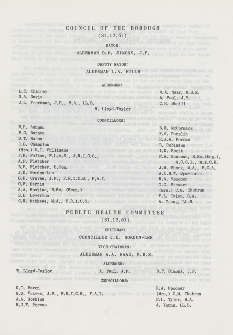 COUNCIL OF THE BOROUGH (31.12.61) MAYOR: ALDERMAN D.F. SIMONS, J.P. DEPUTY MAYOR: ALDERMAN L.A. HILLS ALDERMEN: L.C. Chainey A. A. Naar, M.B. E. D.A. Davis A. Paul, J.P. J.L. Freedman, J.P., M.A., LL.B. C.H. Sheill W. Lloyd-Taylor COUNCILLORS: W.P. Ashman B.E. McCormack W.G. Barnes K.G. Pamplin D.T. Baron R.J.W. Porcas J.S. Champion R. Robinson (Mrs.) N.I. Cullinane I.D. Scott J.H. Felton, F.L.A.S., A.R.I.C.S., P.A. Sharman, B.Sc.(Eng.), A.P. Fletcher A.C.G.I., M.I.C.E. B.E. Fletcher, B.Com. J.W. Shock, M.A., F.C.A. J.D. Gordon-Lee A.C.B.W. Spawforth S.D. Graves, J.P., P.R.I.C.S., F,A,I. R.A. Spooner C.F. Harris T.C. Stewart A.A. Hoskins, B.Sc. (Econ.) (Mrs.) C.M. Thubrun B.L Leverton F.L. Tyler, B.A. G.ff. Mathews, M.A., P.R.I.C.S. A. Young, LL.B. PUBLIC HEALTH COMMITTEE (31.12.61) CHAIRMAN: COUNCILLOR J.D. GORDON-LEE VICE-CHAIRMAN: ALDERMAN A.A. NAAR, M.B.E. ALDERMEN: W. Lloyd-Taylor A. Paul, J.P. D.P. Simons, J.P. COUNCILLORS: D.T. Baron R.A. Spooner S.D. Graves, J.P., P.R.I.C.S., F.A.I. (Mrs.) C.M. Thubrun A.A. Hoskins F.L. Tyler, B.A. R.J.W. Porcas A. Young, LL.B.